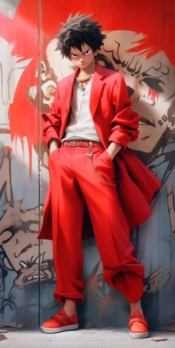 Luffy Drip, spiky-haired anime boy, bold red suit, SD Phone Wallpaper