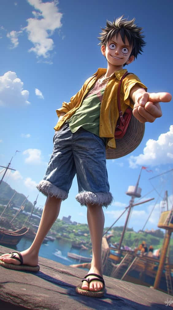 Luffy, yellow shirt, denim shorts, SD Phone Wallpaper