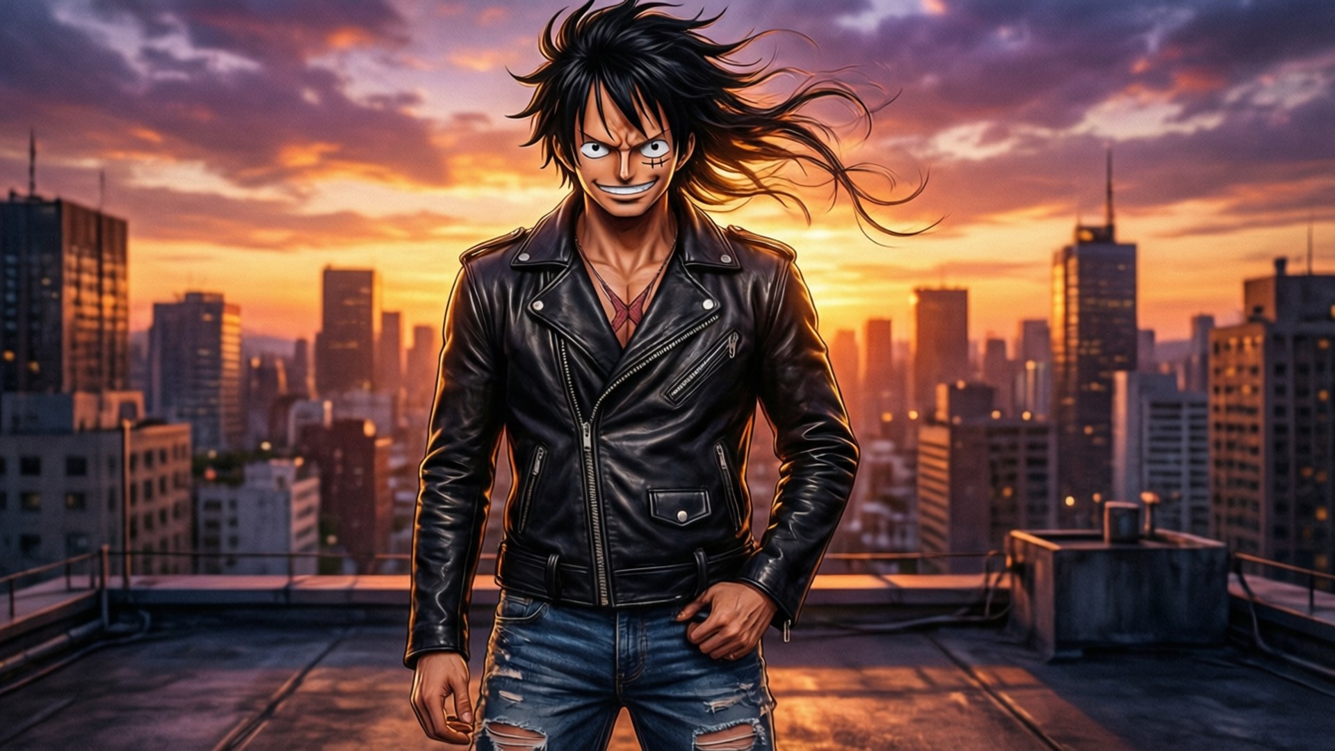 Luffy, leather jacket, rooftop, Full HD Desktop Wallpaper