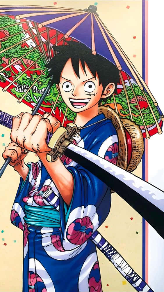 Luffy, blue floral kimono, katana, SD Phone Wallpaper