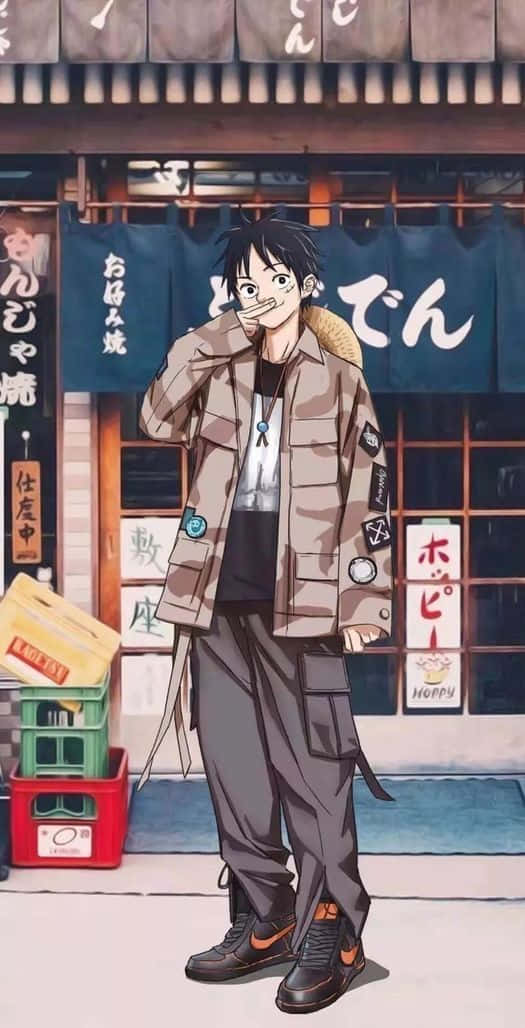 Luffy Drip, anime boy, camouflage jacket, SD Phone Wallpaper
