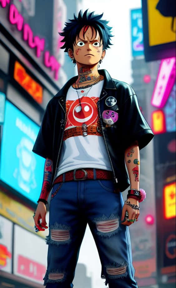 Luffy Drip, urban street, neon-lit, SD Phone Wallpaper