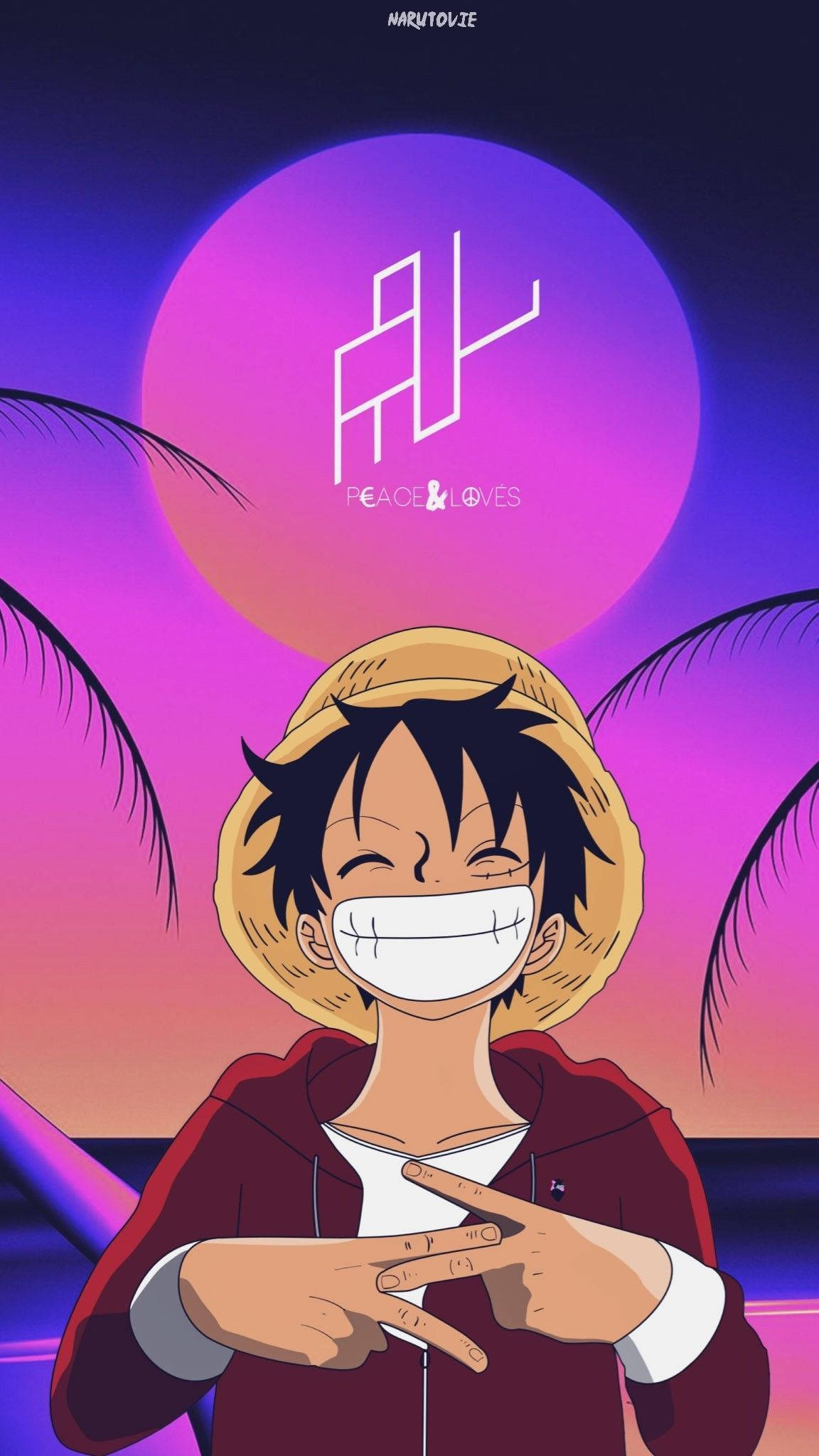 Luffy, vibrant purple sunset, palm fronds, Full HD Phone Wallpaper