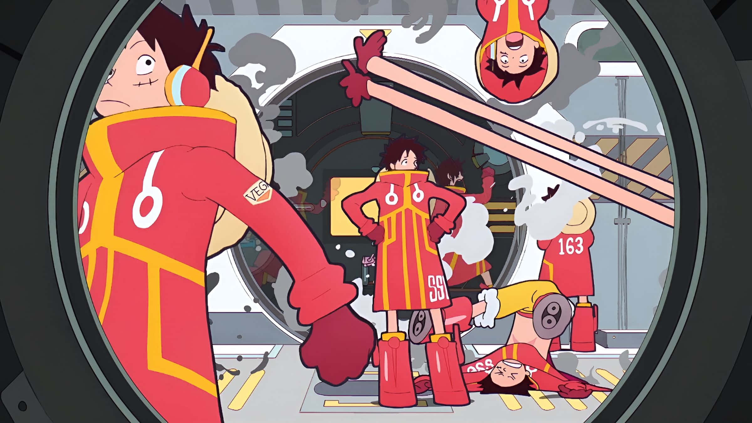 Luffy, red and yellow racing suits, smoky futuristic cockpit, Full HD Desktop Wallpaper