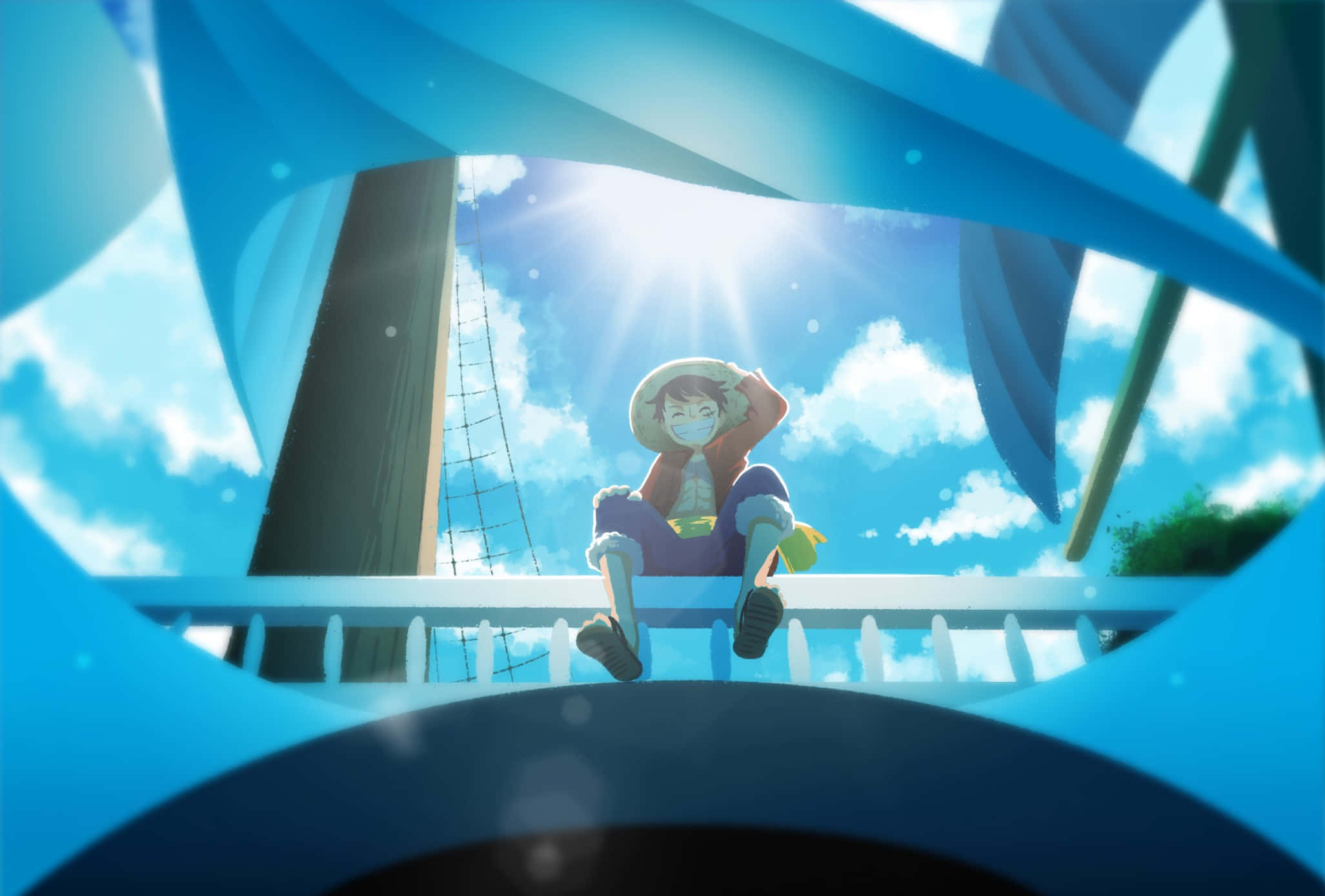 Luffy, Sunny, ship's railing, Full HD Desktop Wallpaper