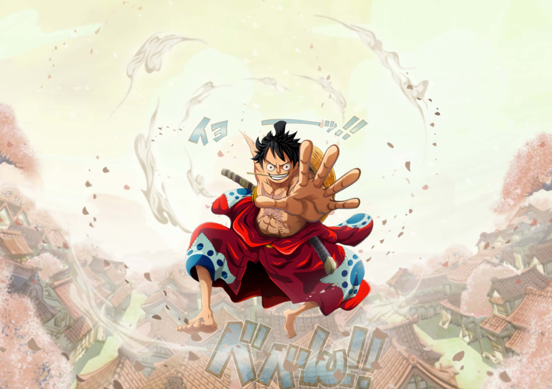 Luffy, red coat, cherry blossoms, Full HD Desktop Wallpaper