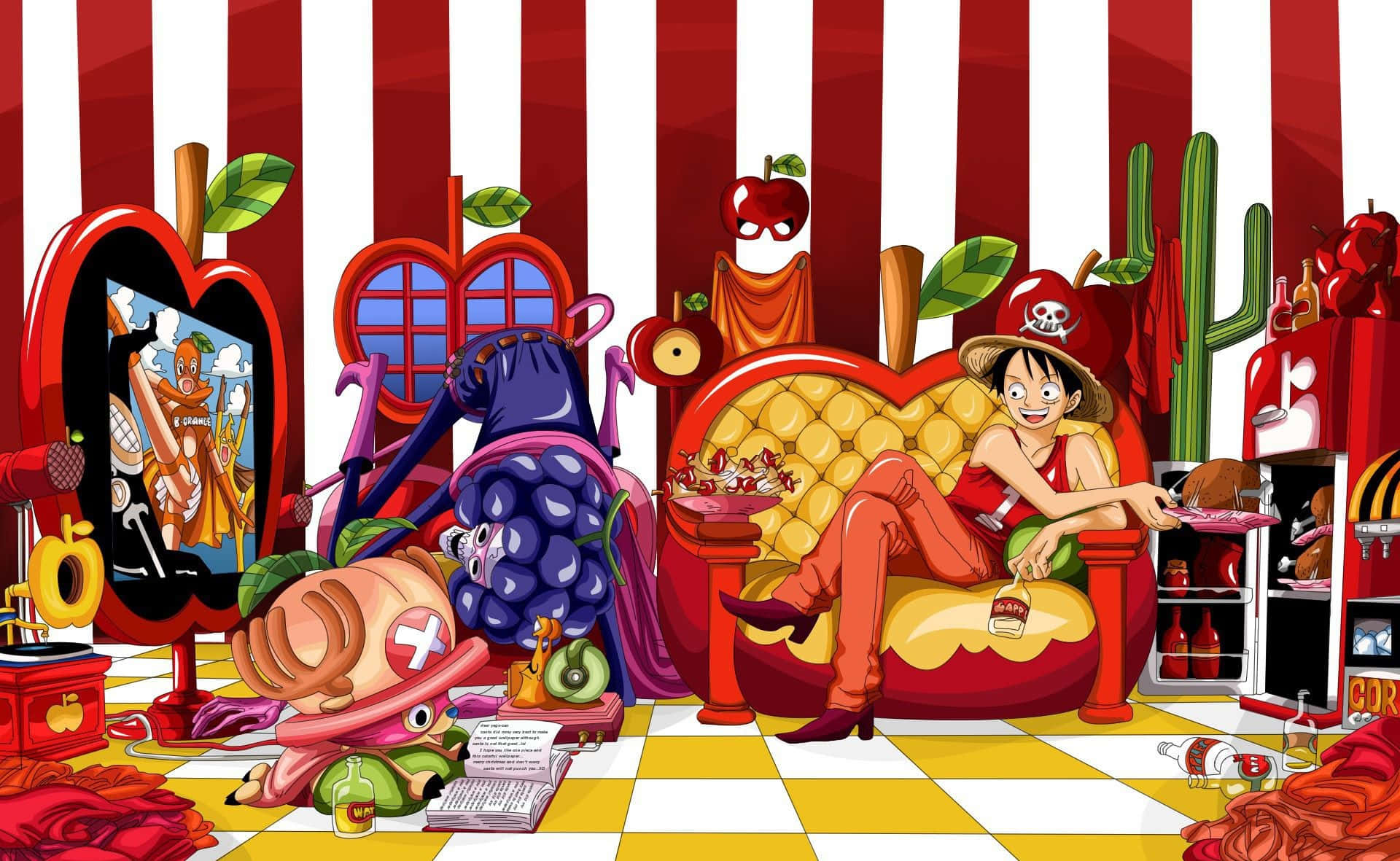 Luffy, pirate, giant apple chair, Full HD Desktop Wallpaper