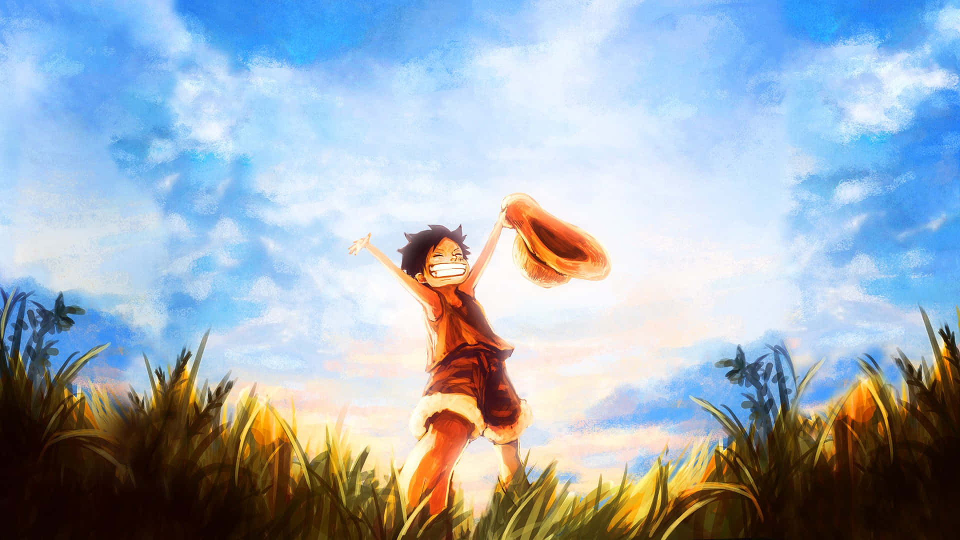 Luffy, straw hat, golden grass, Full HD Desktop Wallpaper