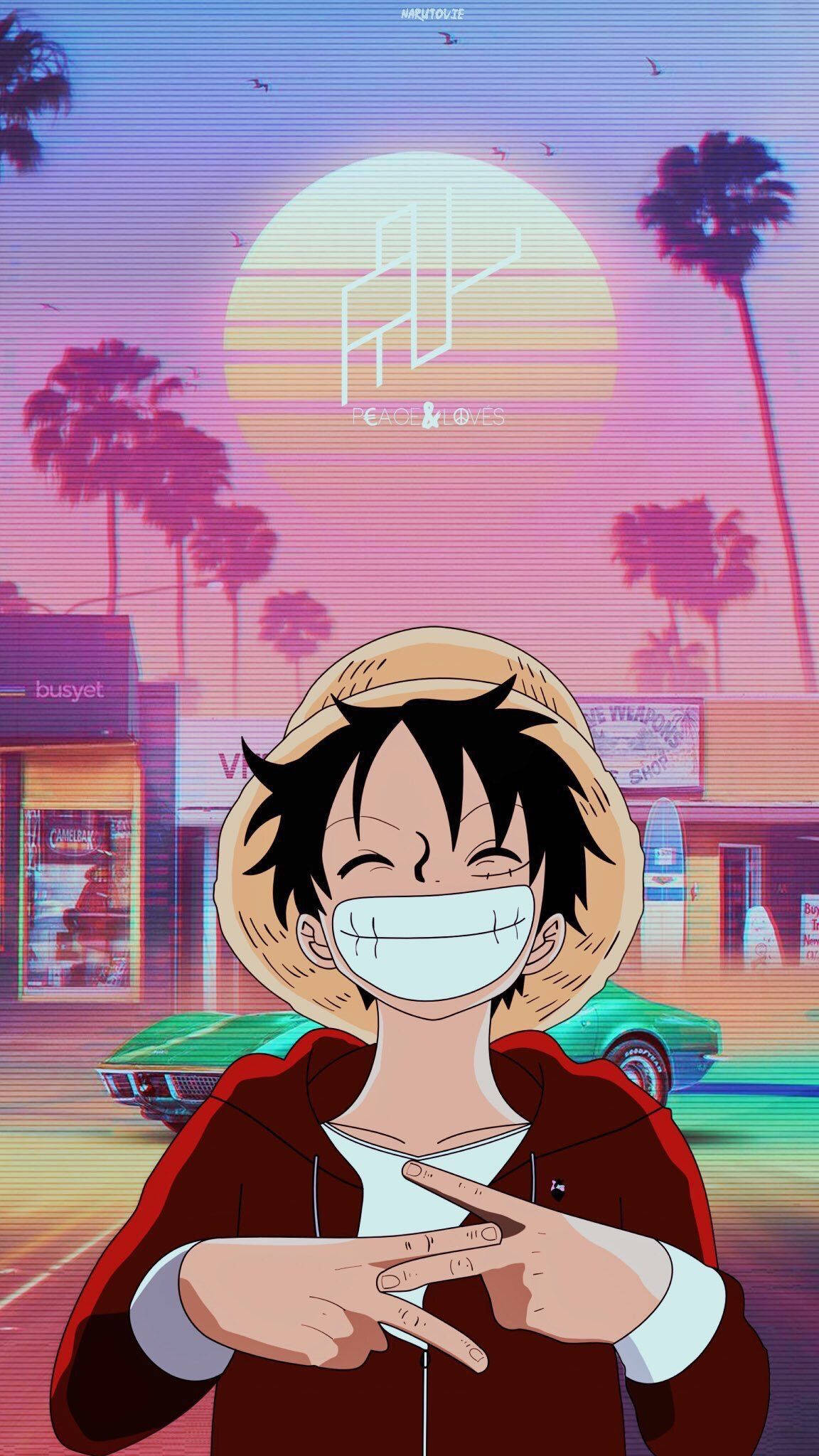 Luffy, straw hat, retro sunset, Full HD Phone Wallpaper