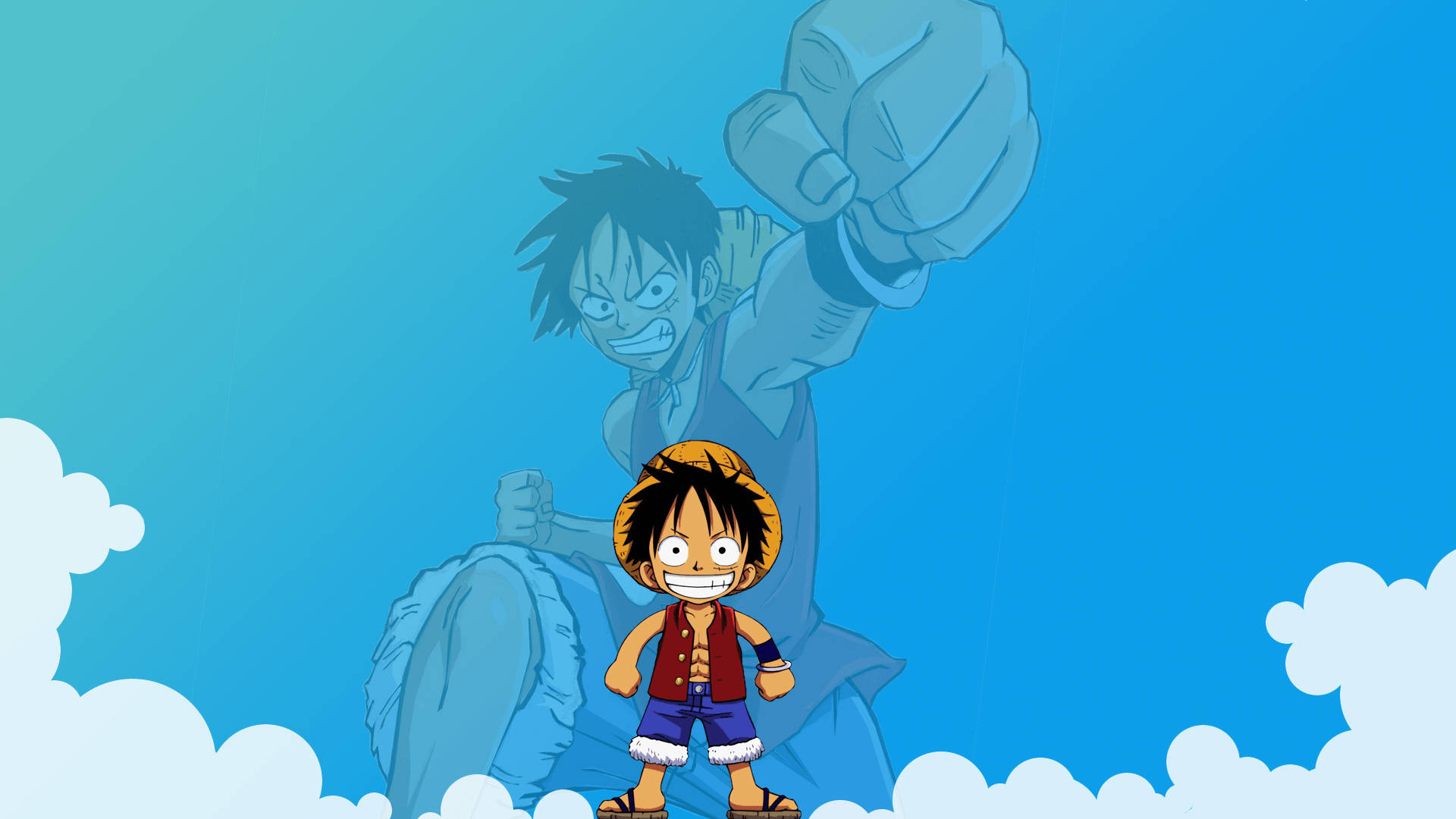 Luffy, anime boy, giant fist silhouette, Full HD Desktop Wallpaper