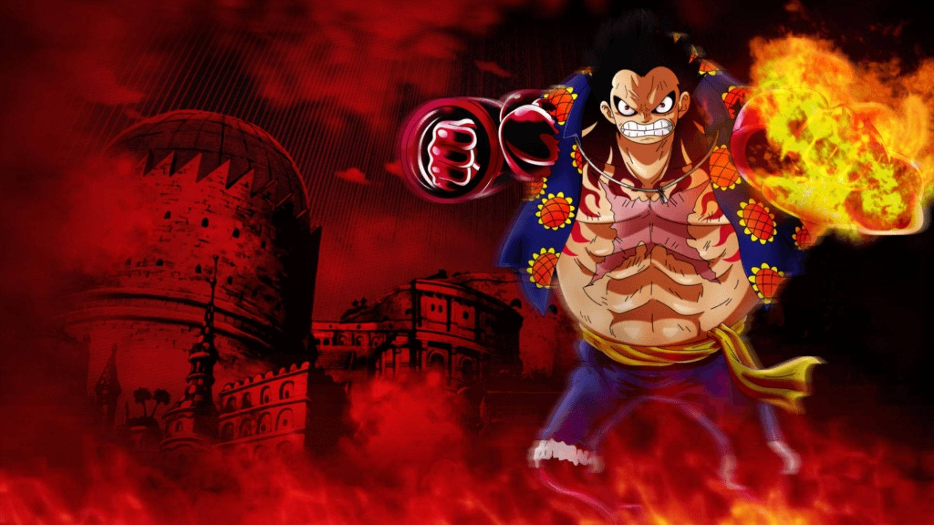 Luffy Gear 4, burning castle, fiery fists, Full HD Desktop Wallpaper