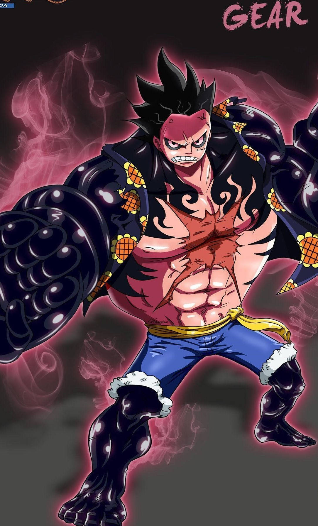 Luffy Gear 4, black armored form, glowing pink energy, HD Phone Wallpaper