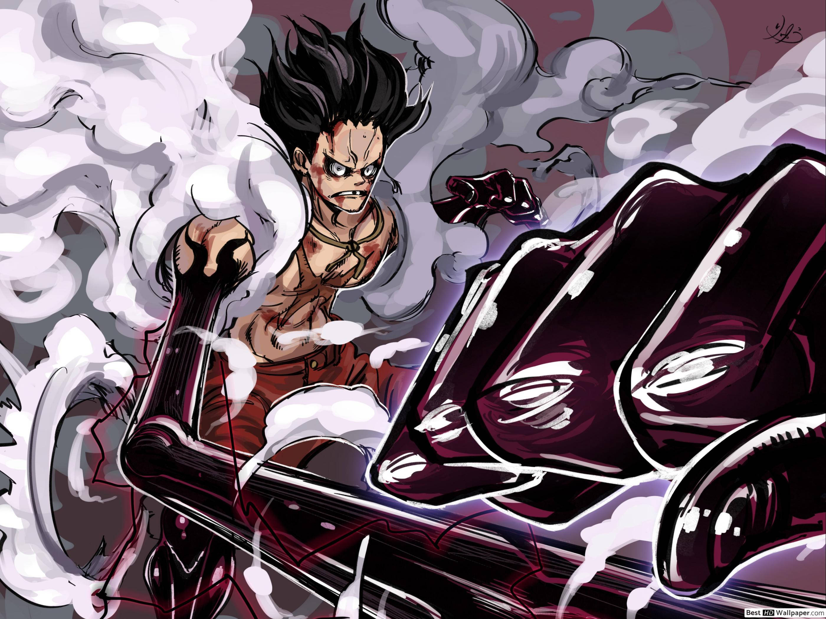Luffy Gear 4, spiky black hair, bloodied face, 2K Desktop Wallpaper