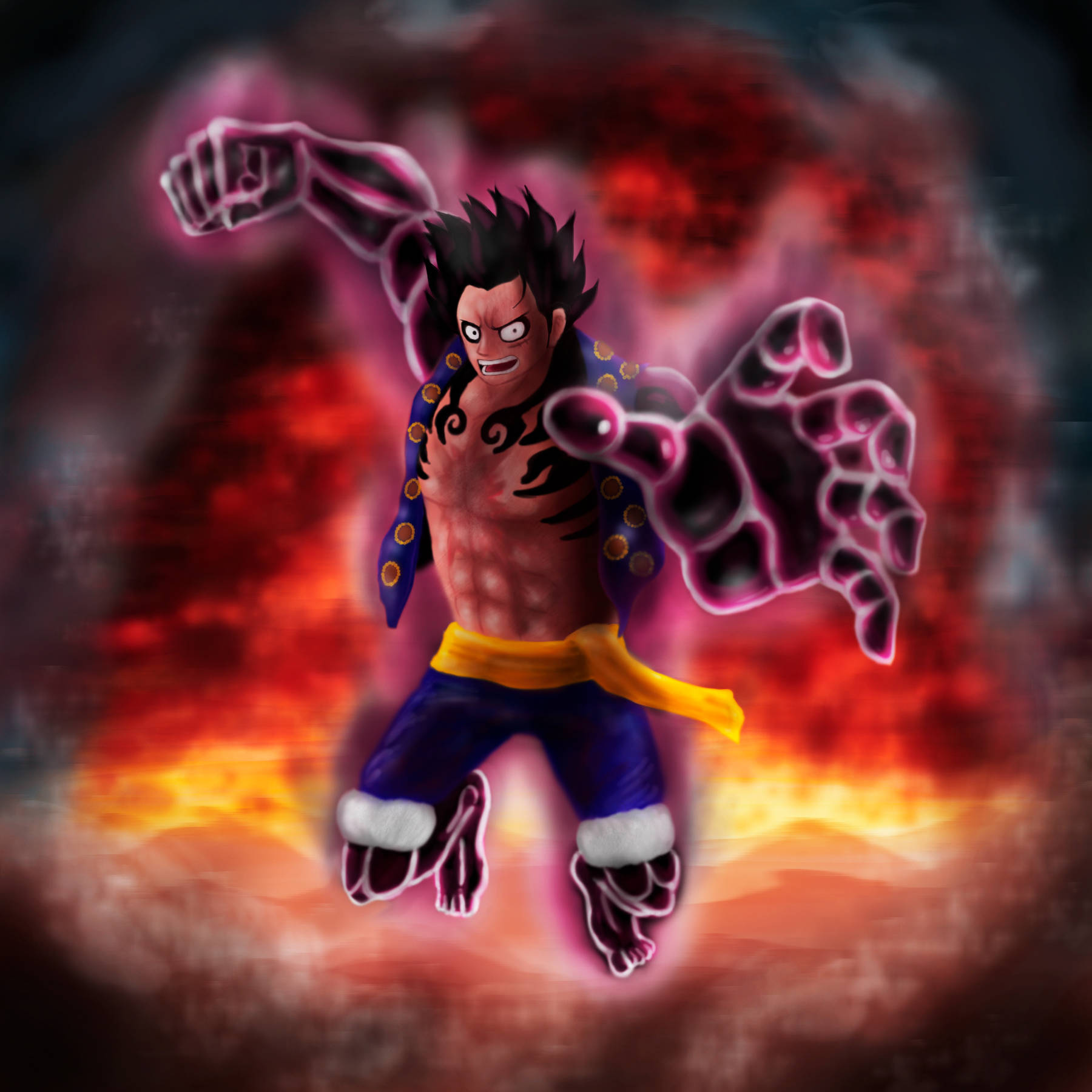 Luffy Gear 4, glowing purple limbs, fiery background, HD Desktop Wallpaper