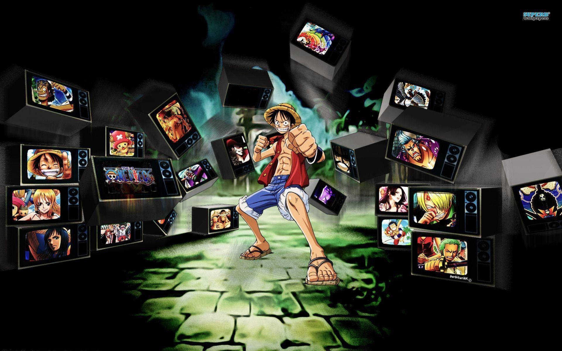 Luffy, Vintage Monitor, glowing green stone floor, Full HD Desktop Wallpaper