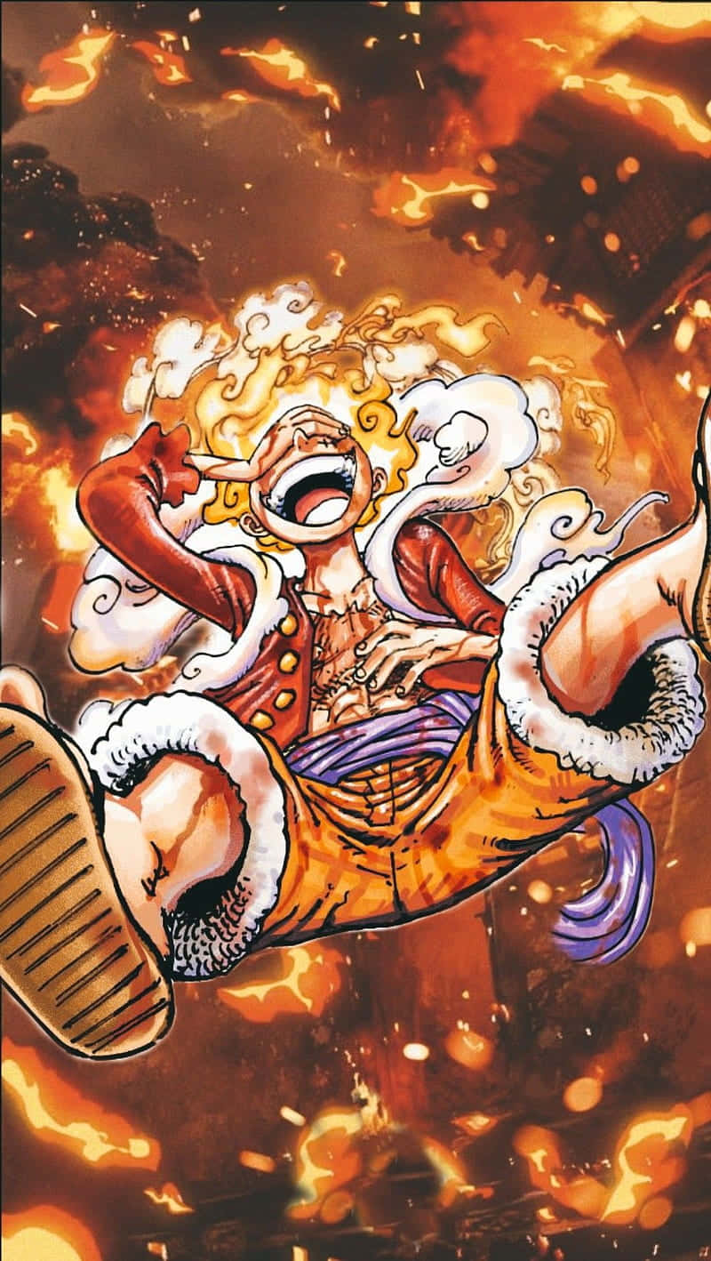 Luffy Gear 5, flaming backdrop, fiery anime character, HD Phone Wallpaper