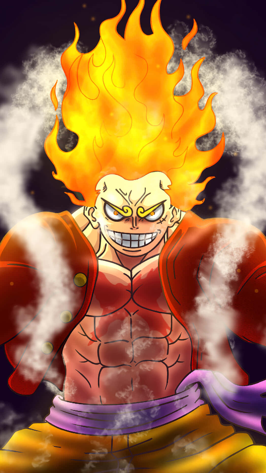 Luffy Gear 5, flaming power, fiery-haired anime warrior, Full HD Phone Wallpaper