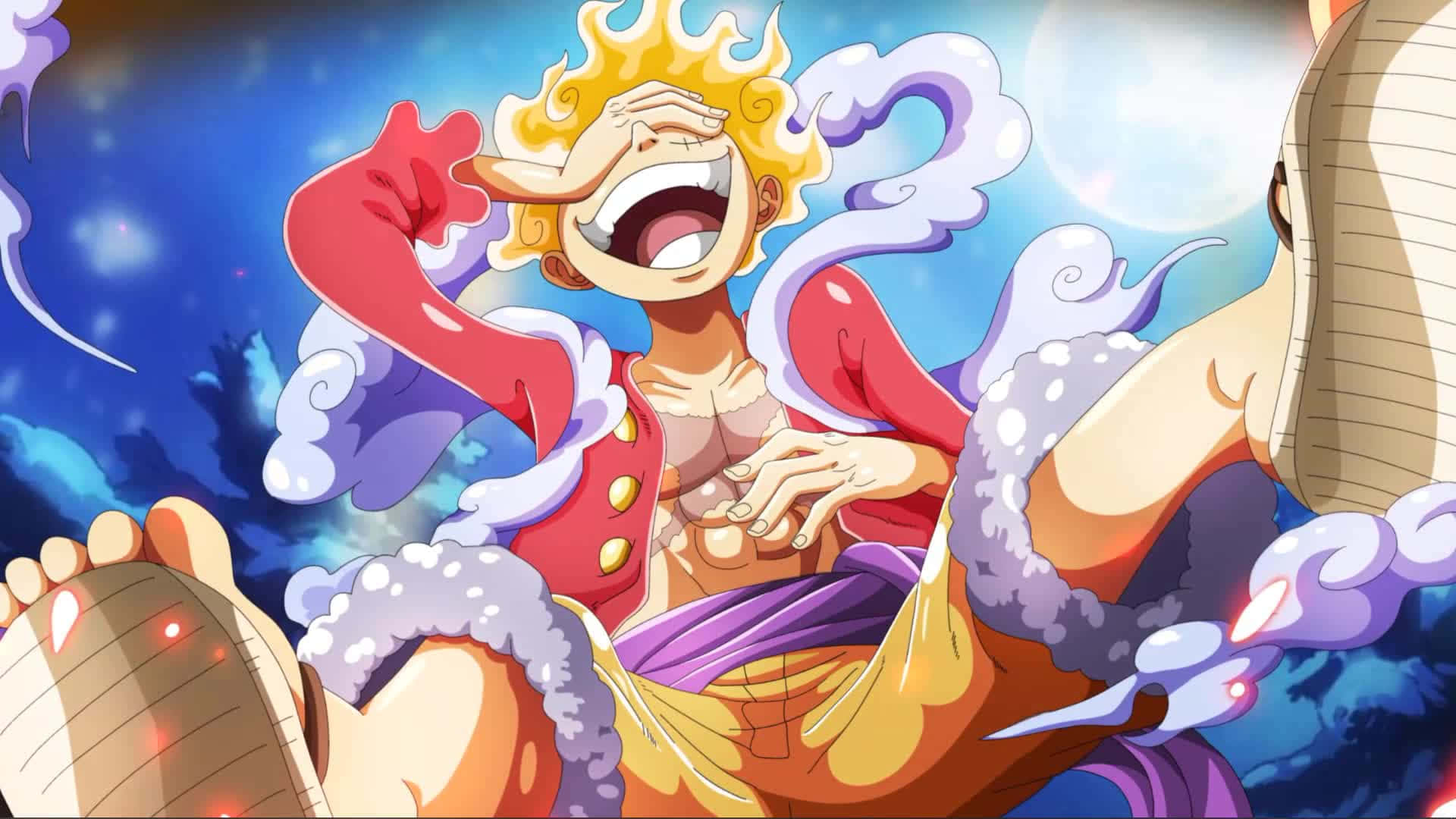 Luffy Gear 5, spiky blonde hair, red coat, Full HD Desktop Wallpaper