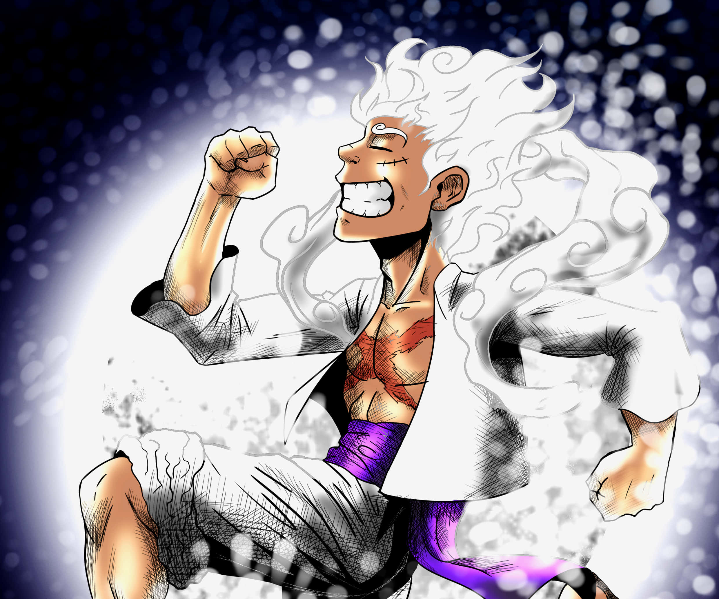Luffy Gear 5, moonlit backdrop, wild white hair, Full HD Desktop Wallpaper