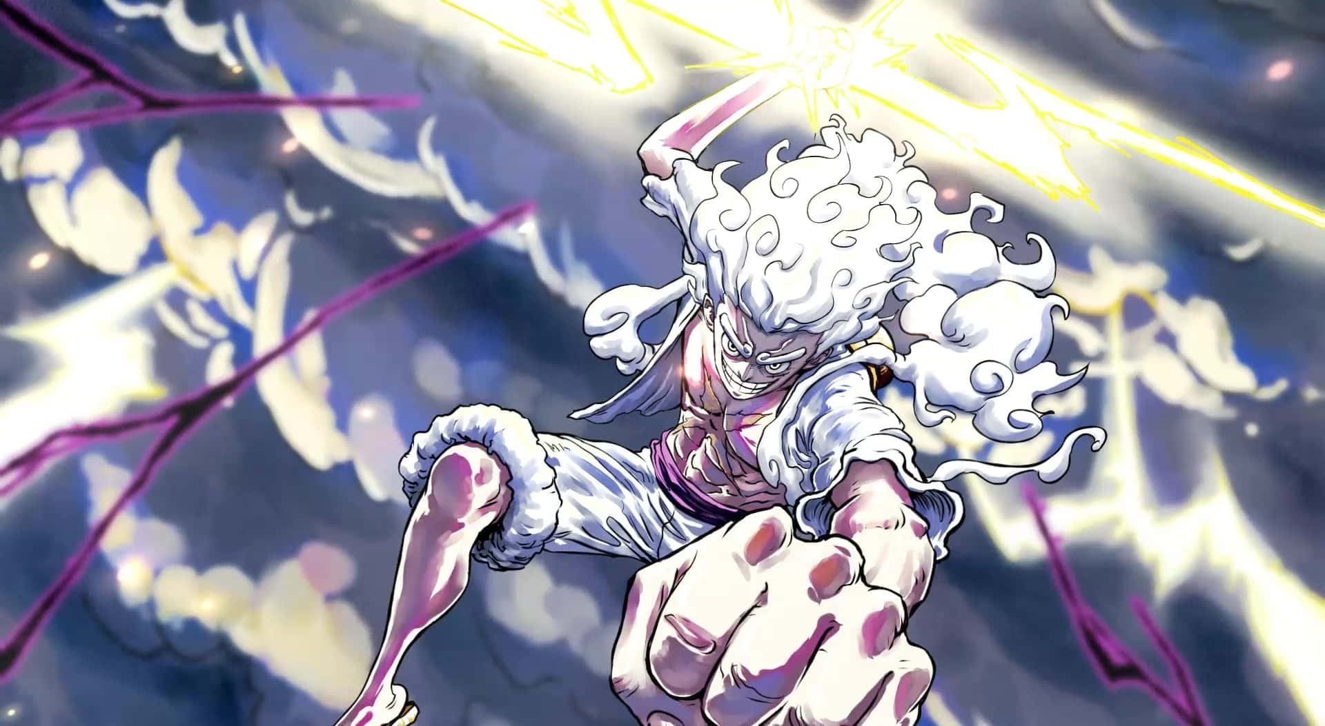 Luffy Gear 5 Moon, white hair, glowing yellow energy, Full HD Desktop Wallpaper