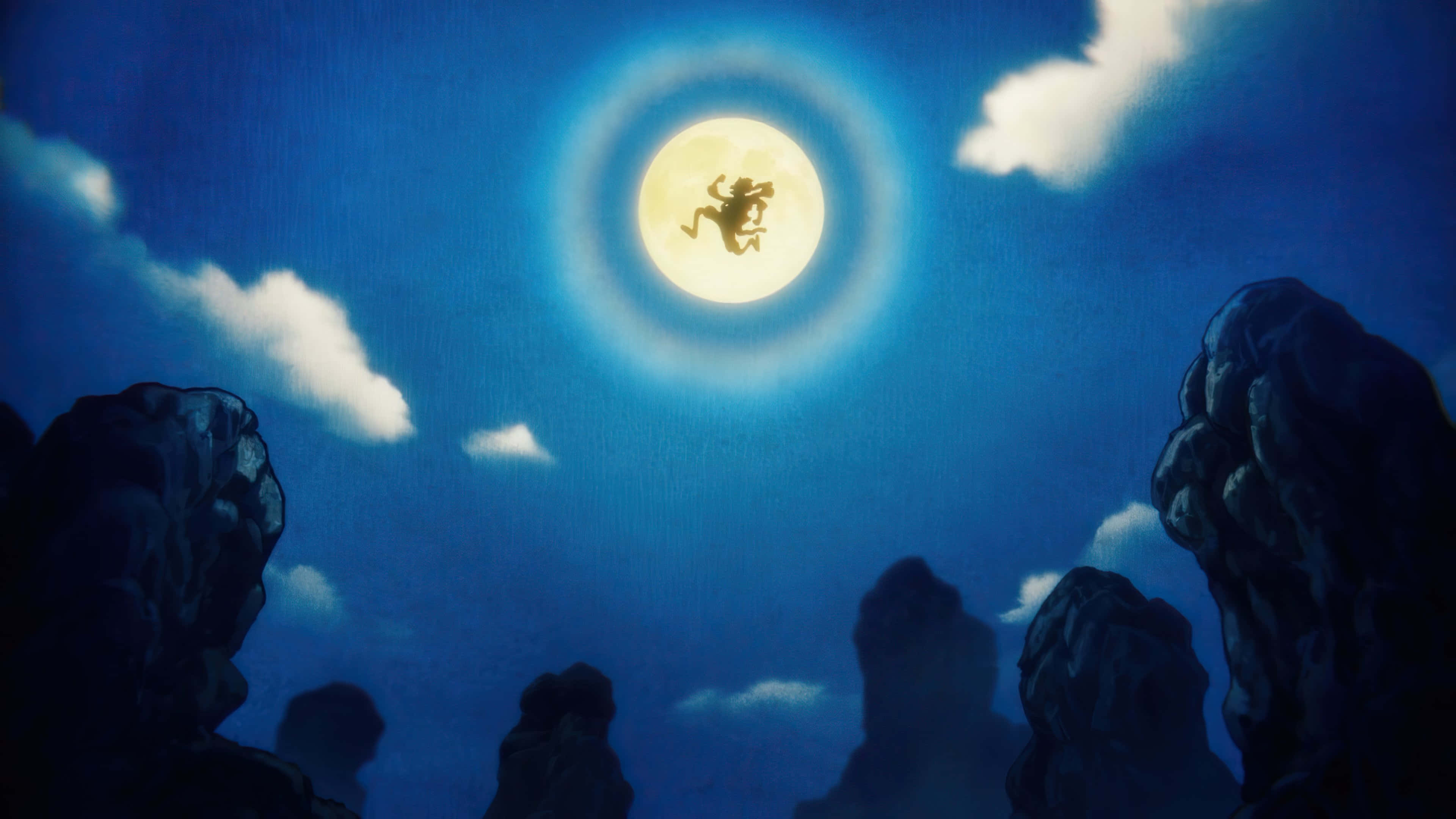 Luffy Gear 5 Moon, silhouette, glowing full moon, 4K Desktop Wallpaper