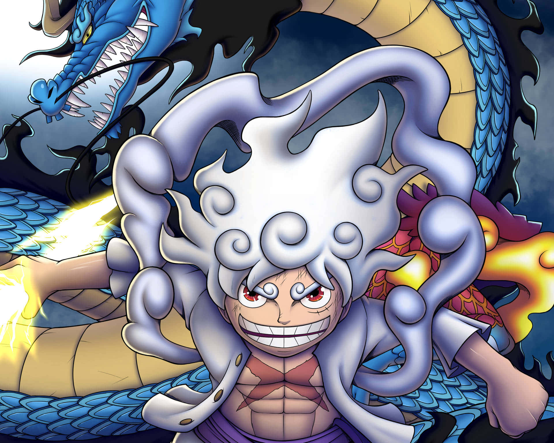 Luffy Gear 5 Moon, white cloud-like hair, red eyes, Full HD Desktop Wallpaper