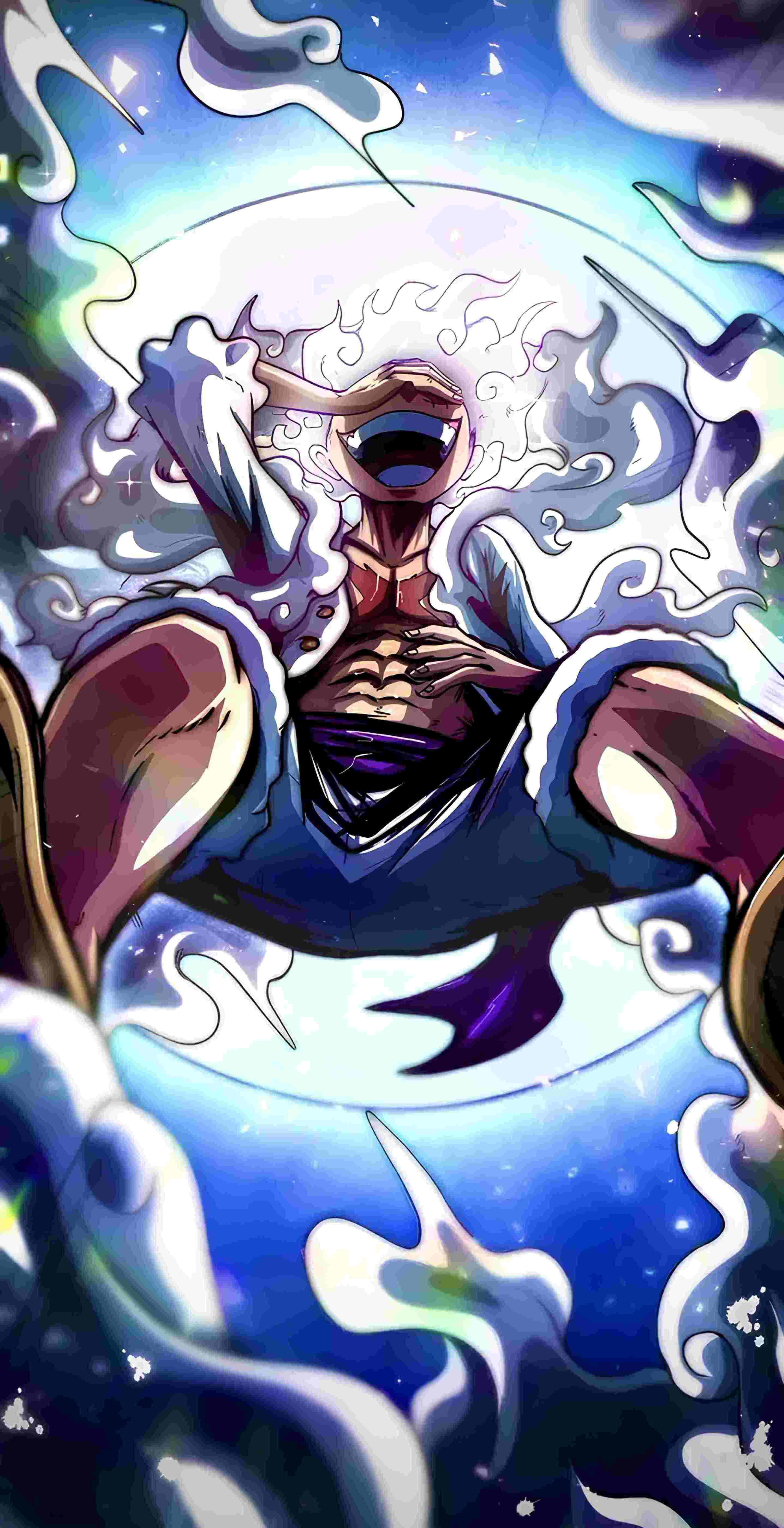 Luffy Gear 5, white hair, wide grin, 5K Phone Wallpaper