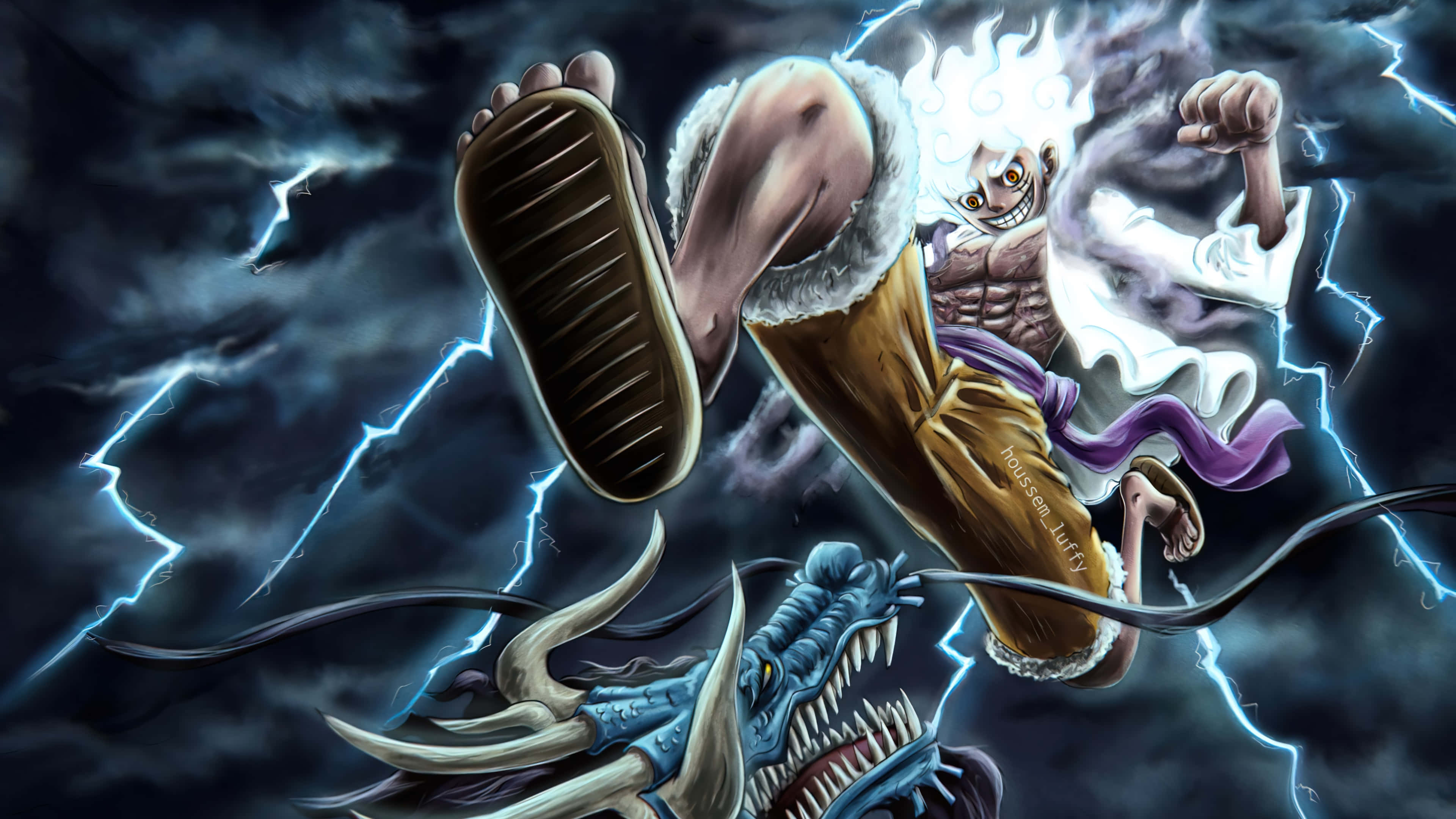 Luffy Gear 5, straw hat, white hair, 4K Desktop Wallpaper