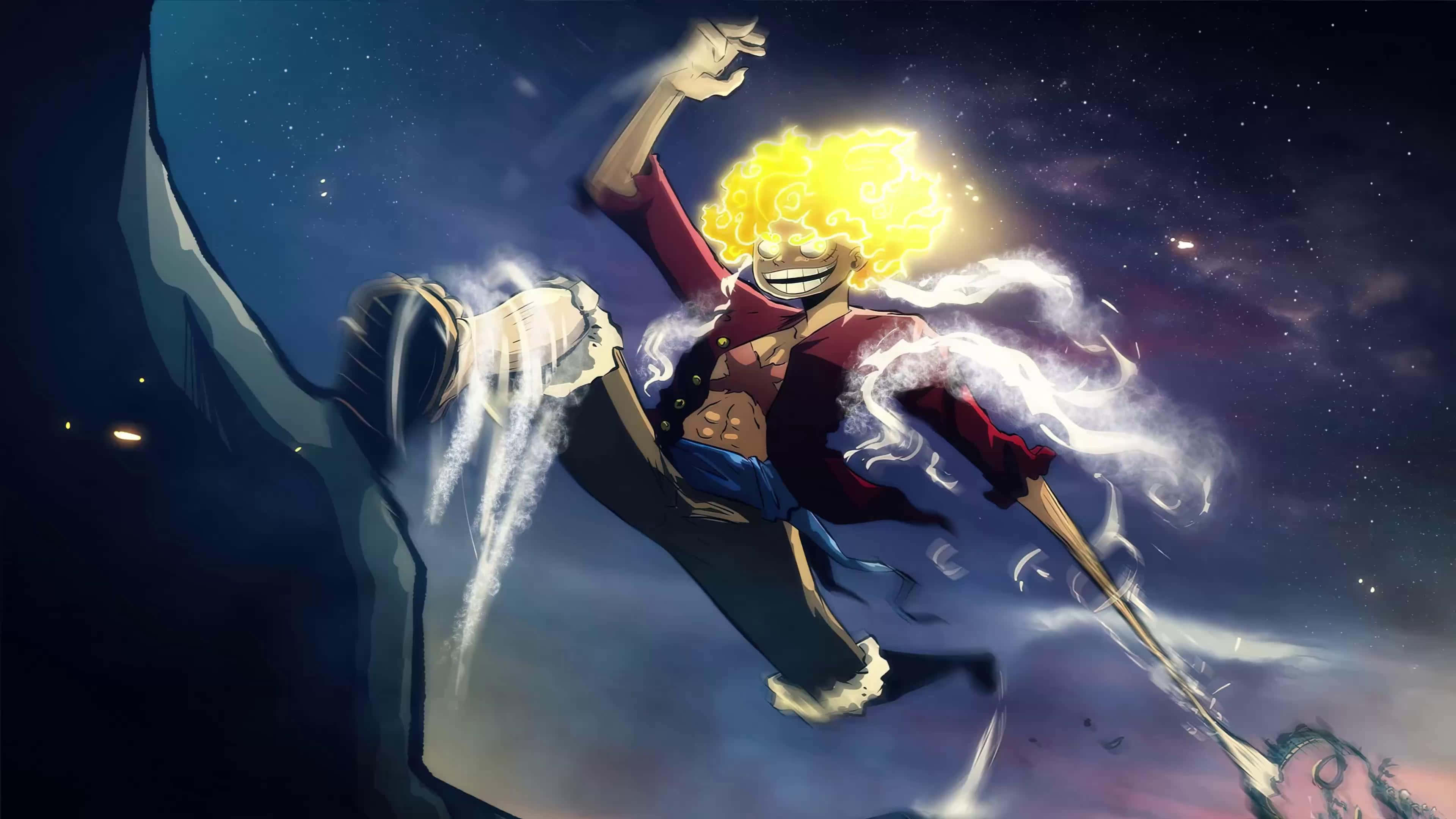 Luffy Gear 5, spiky yellow hair, starry night sky, 4K Desktop Wallpaper