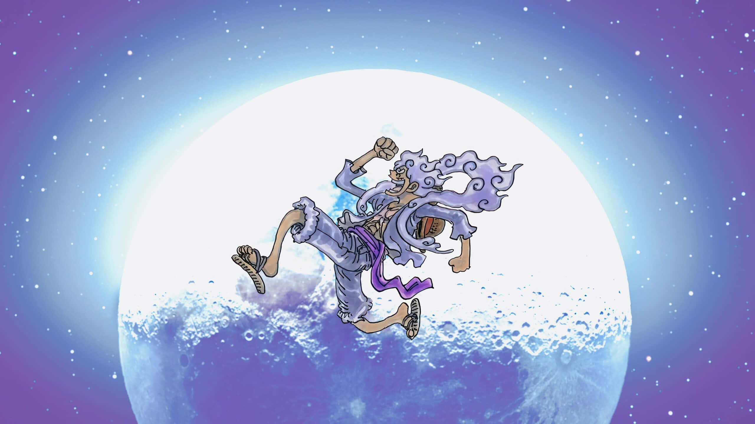 Luffy Gear 5, moon, starry purple sky, 2K Desktop Wallpaper