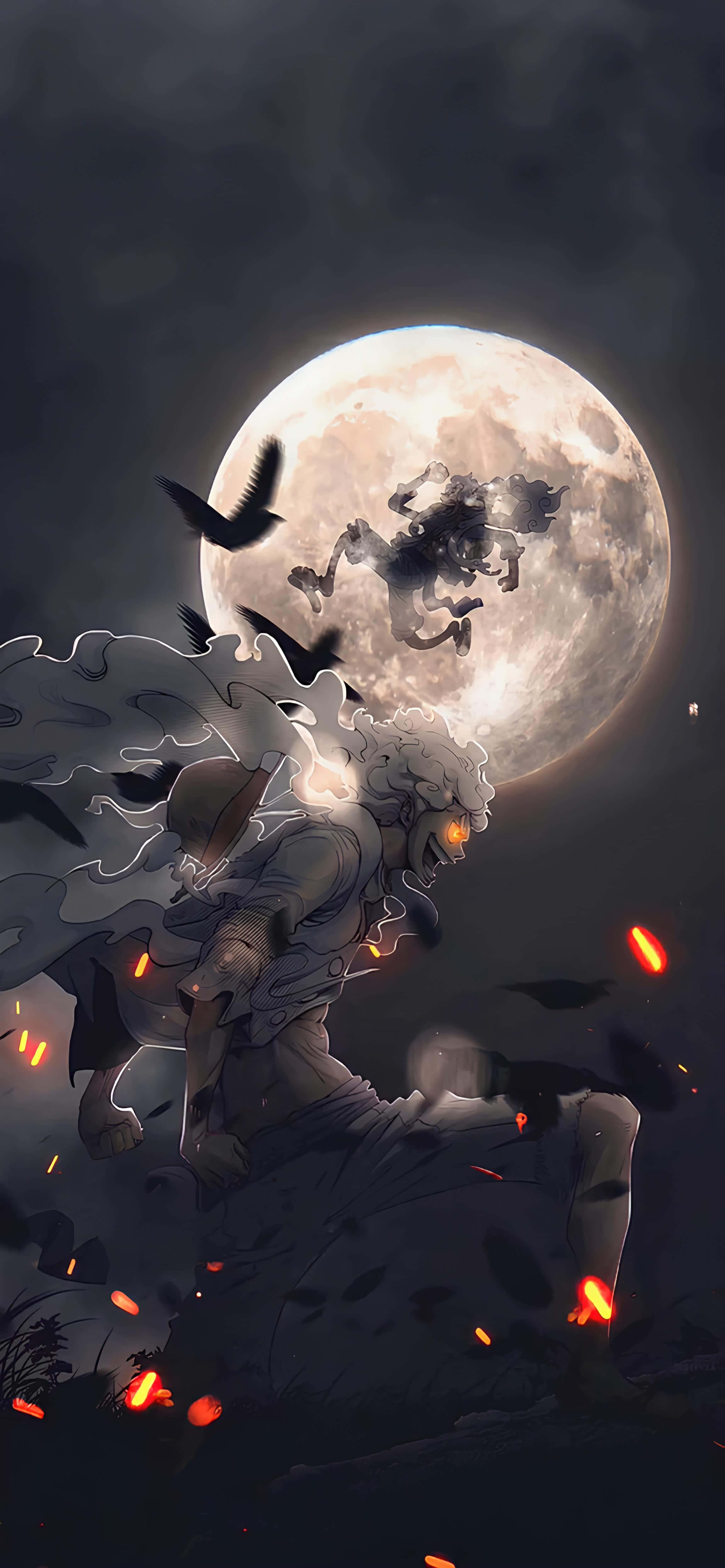 Luffy Gear 5, moonlight transformation, full moon, 4K Phone Wallpaper