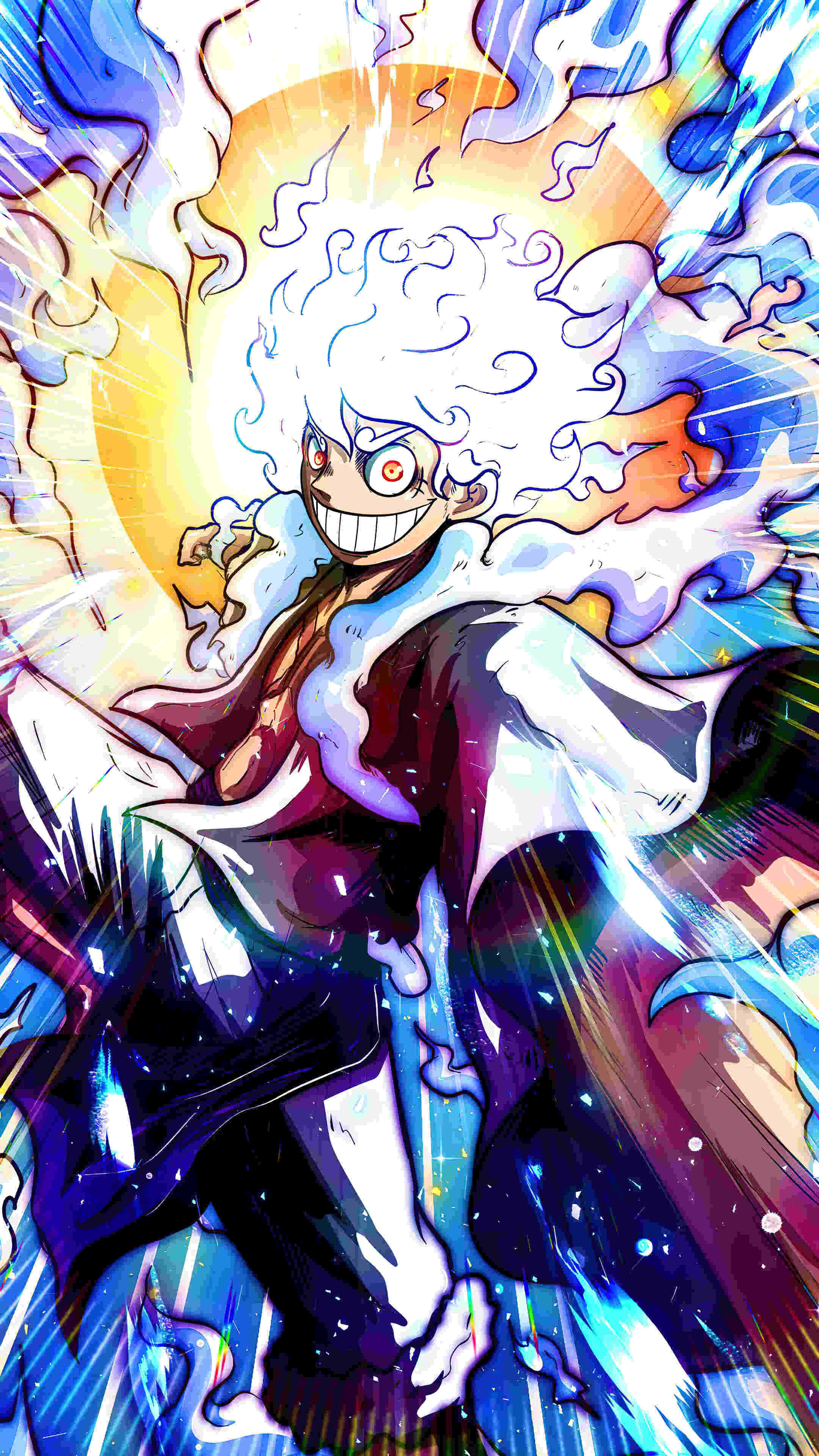 Luffy Gear 5, cosmic energy blast, radiant sun backdrop, 4K Phone Wallpaper