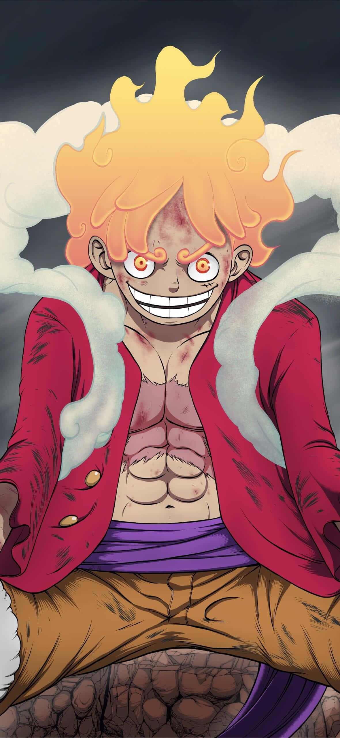 Luffy Gear 5, fiery-haired anime pirate, red coat, Full HD Phone Wallpaper