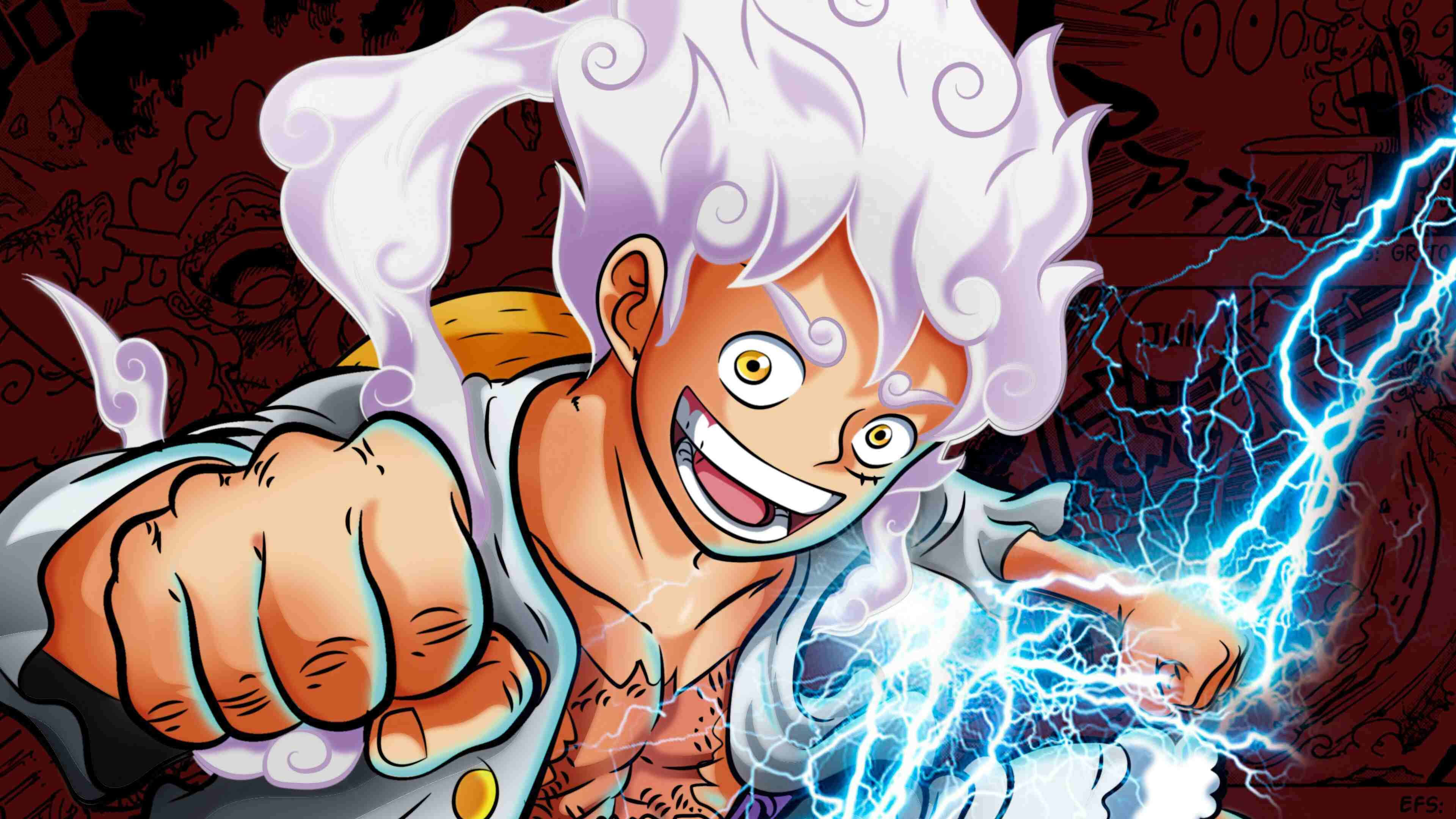 Luffy Gear 5, blue lightning, glowing eyes, 4K Desktop Wallpaper