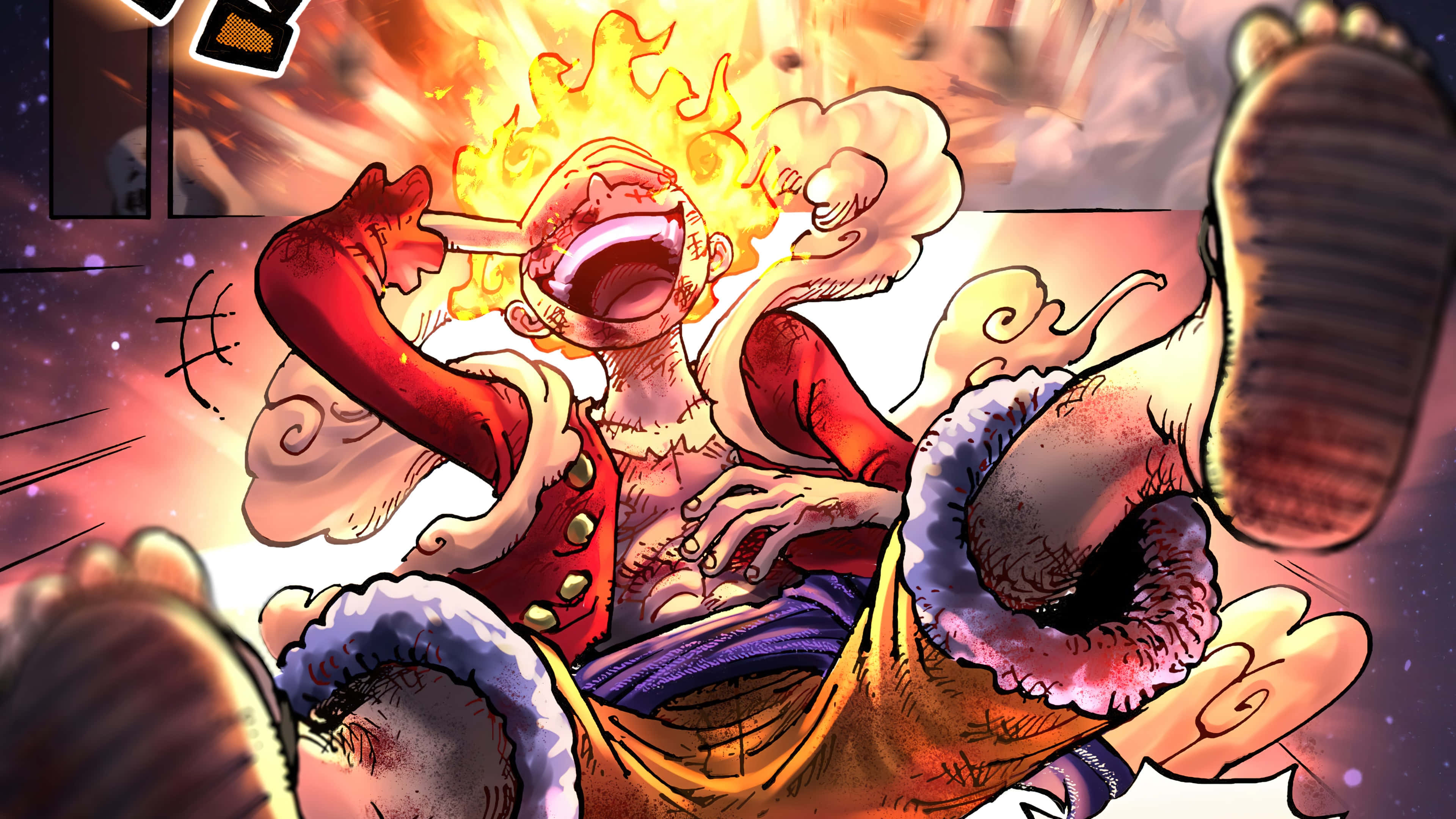 Luffy Gear 5, fiery-haired anime character, red coat, 4K Desktop Wallpaper