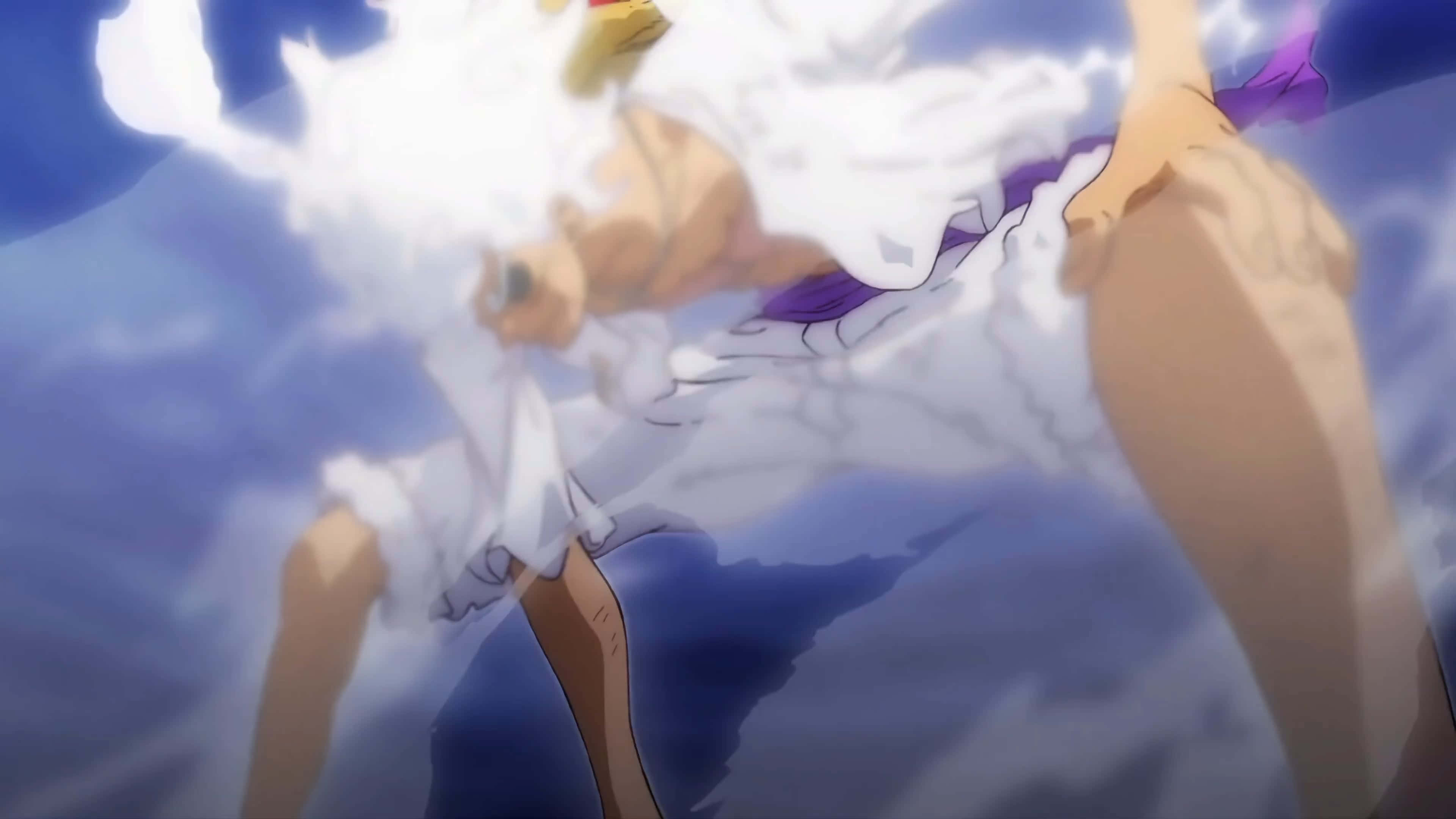 Luffy Gear 5, white and purple clothing, mid-air, 4K Desktop Wallpaper