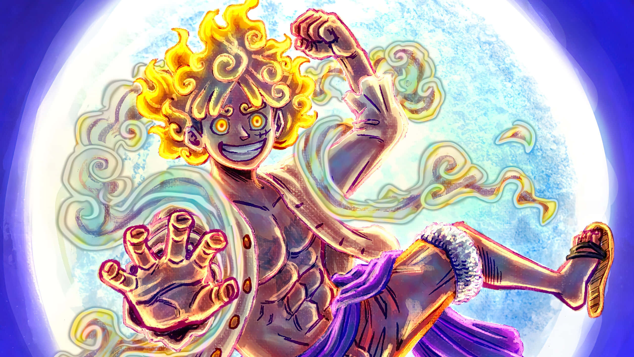 Luffy Gear 5, fiery yellow hair, glowing eyes, 2K Desktop Wallpaper