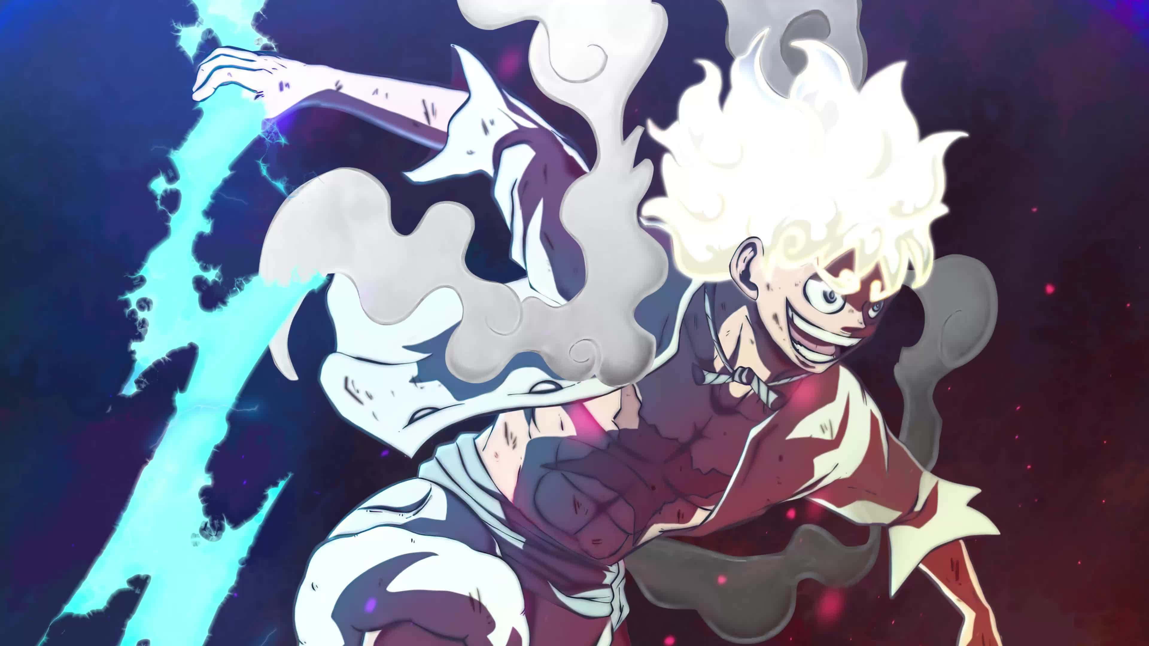 Luffy Gear 5, red and white armor, glowing blue energy blast, 4K Desktop Wallpaper