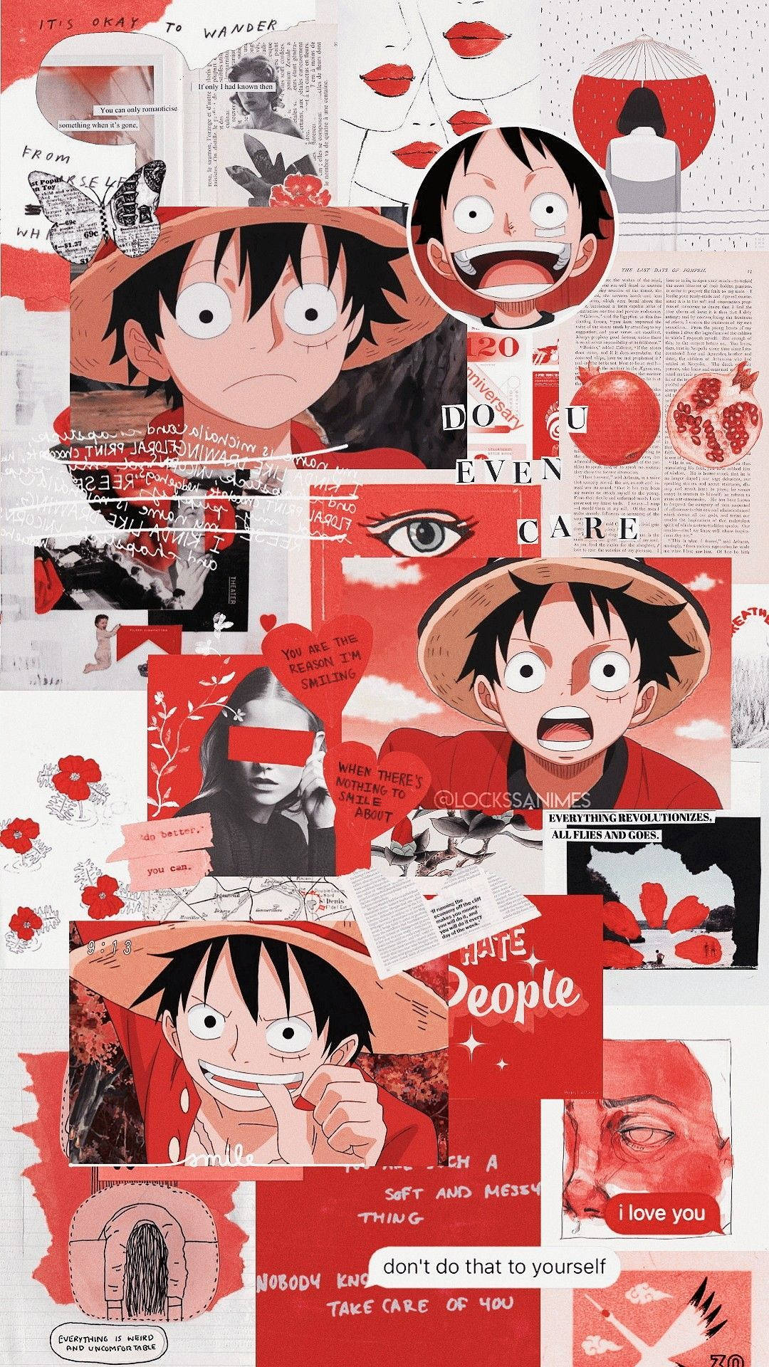 Luffy, red floral, text elements, Full HD Phone Wallpaper