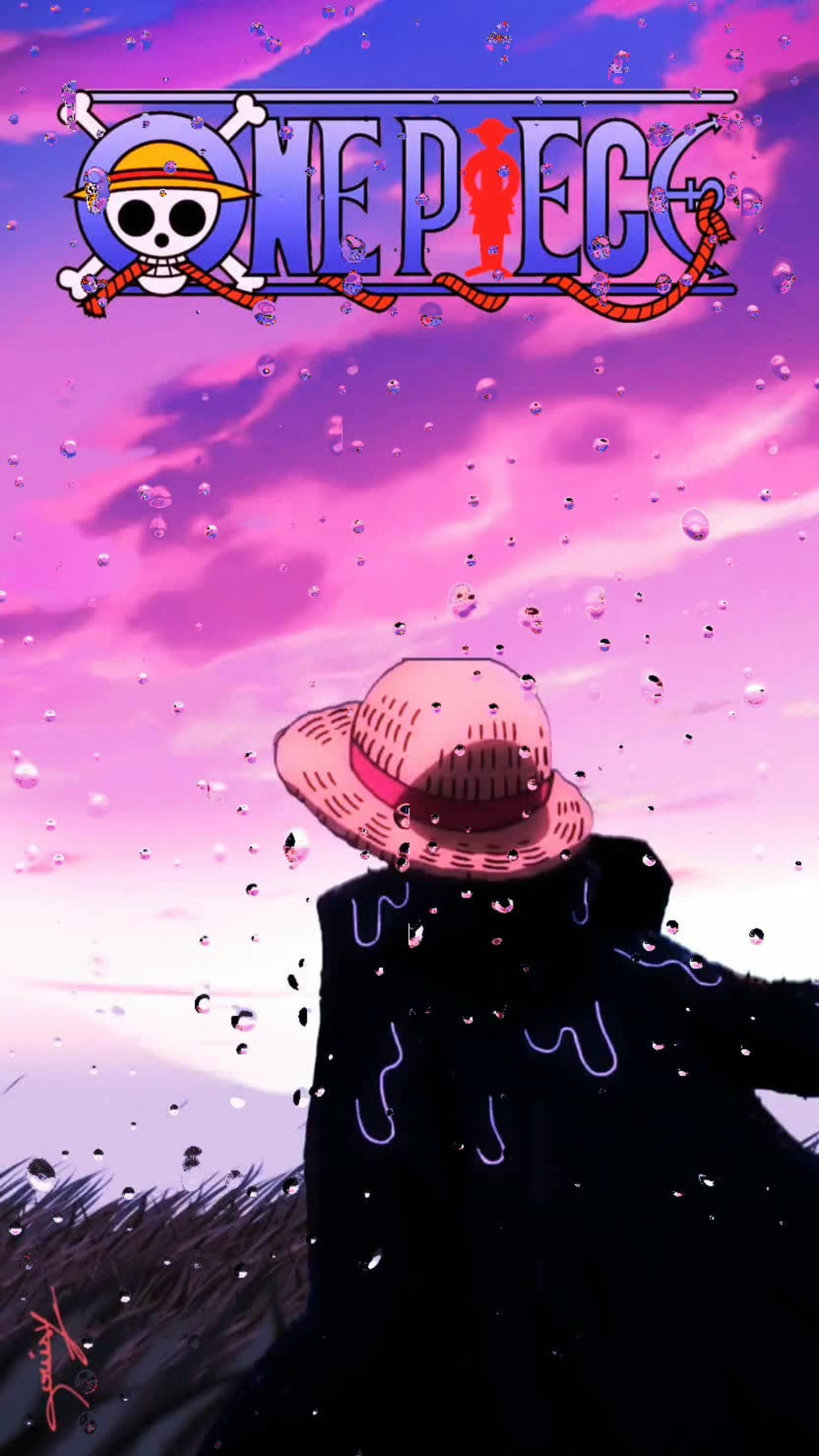 Luffy, straw-hatted figure, vibrant pink and purple sky, Full HD Phone Wallpaper
