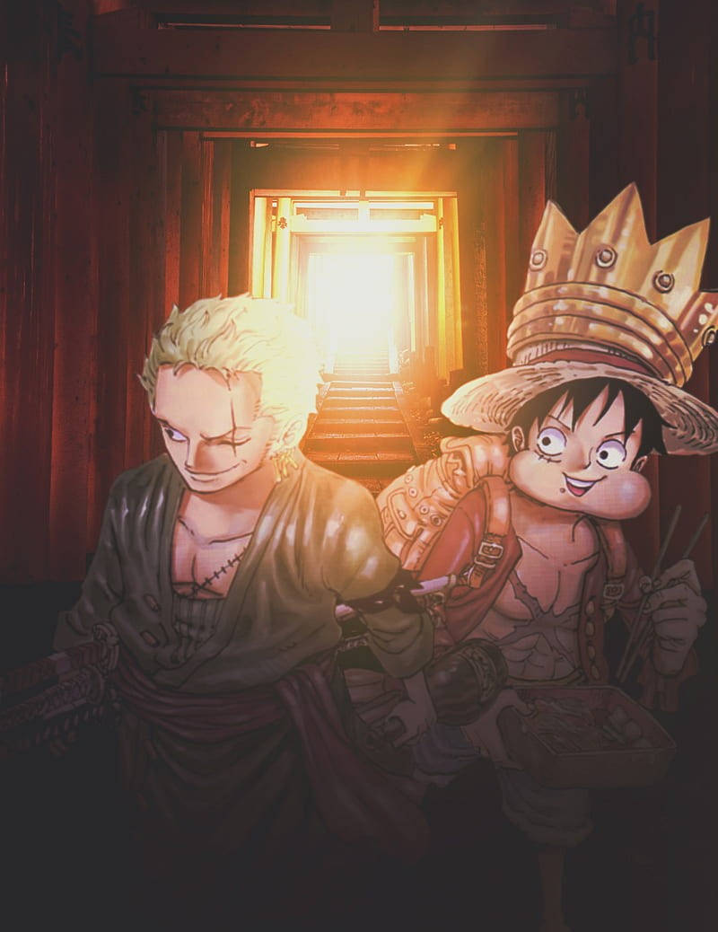 Luffy, Zoro, dim wooden hallway, SD Phone Wallpaper