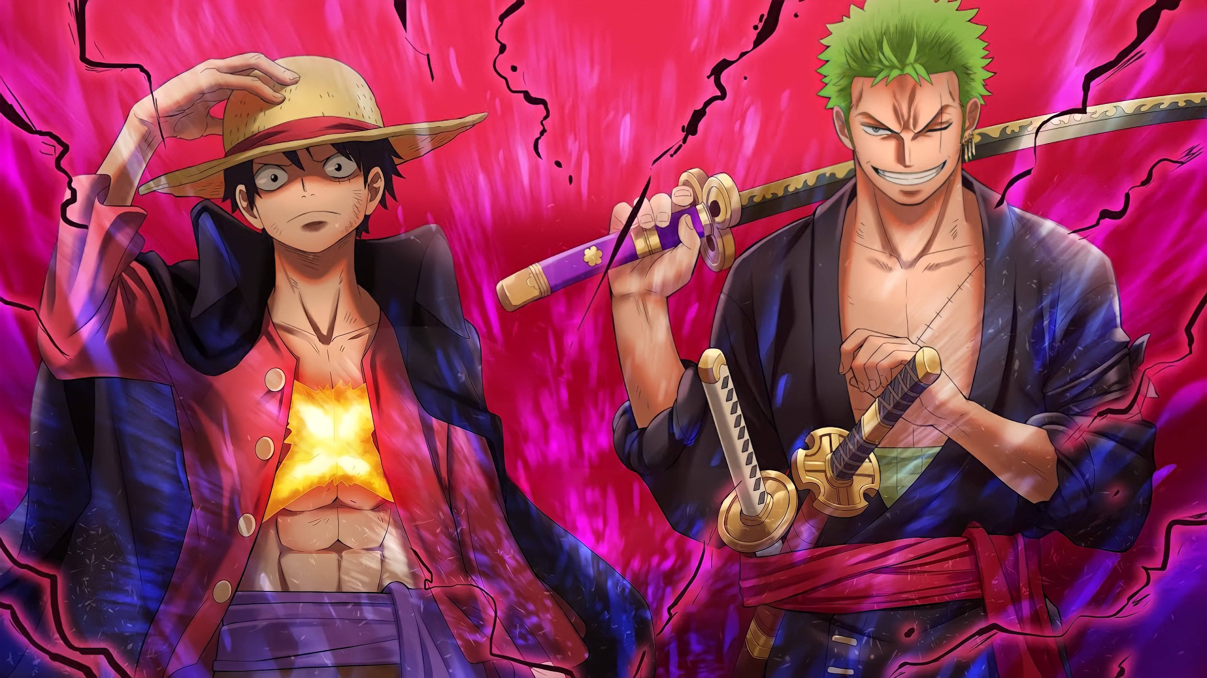 Luffy, Zoro, magenta background, 4K Desktop Wallpaper