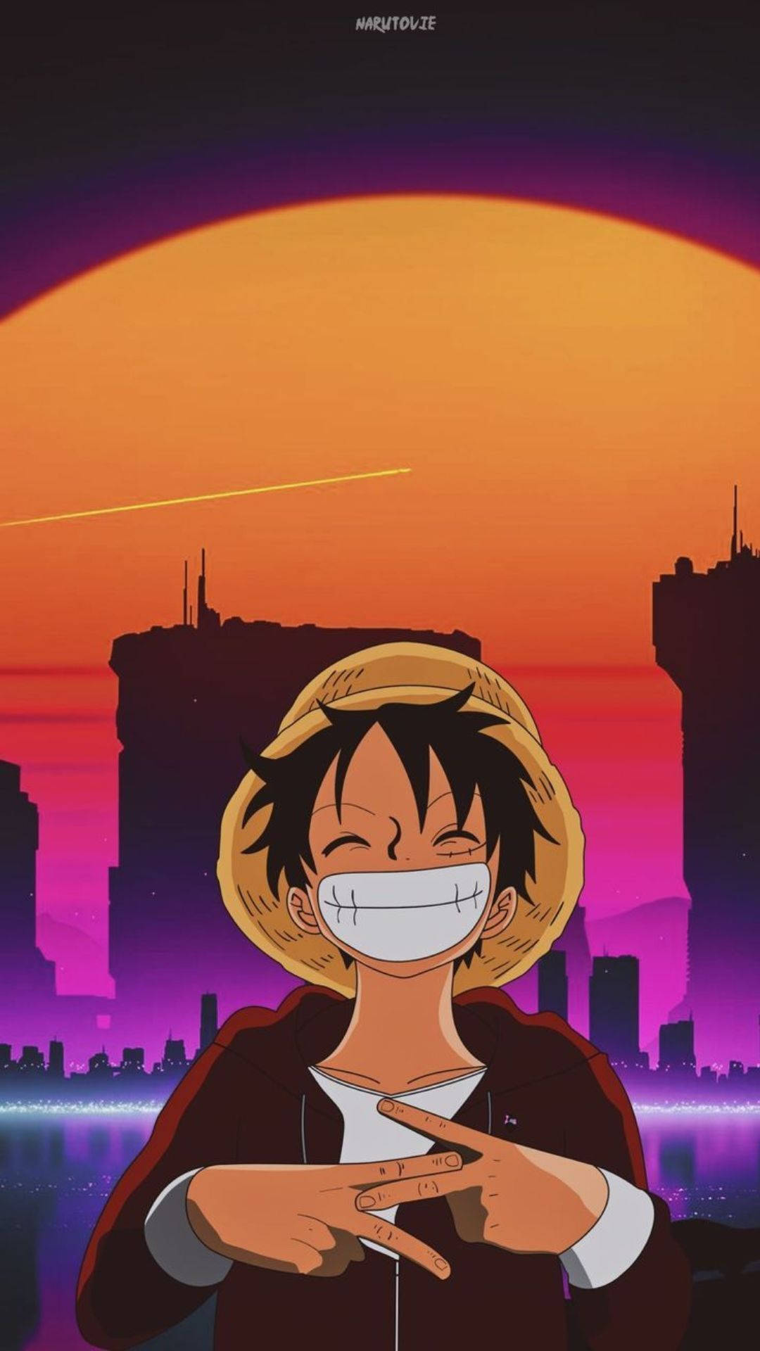 Luffy, straw hat, vibrant sunset cityscape, Full HD Phone Wallpaper