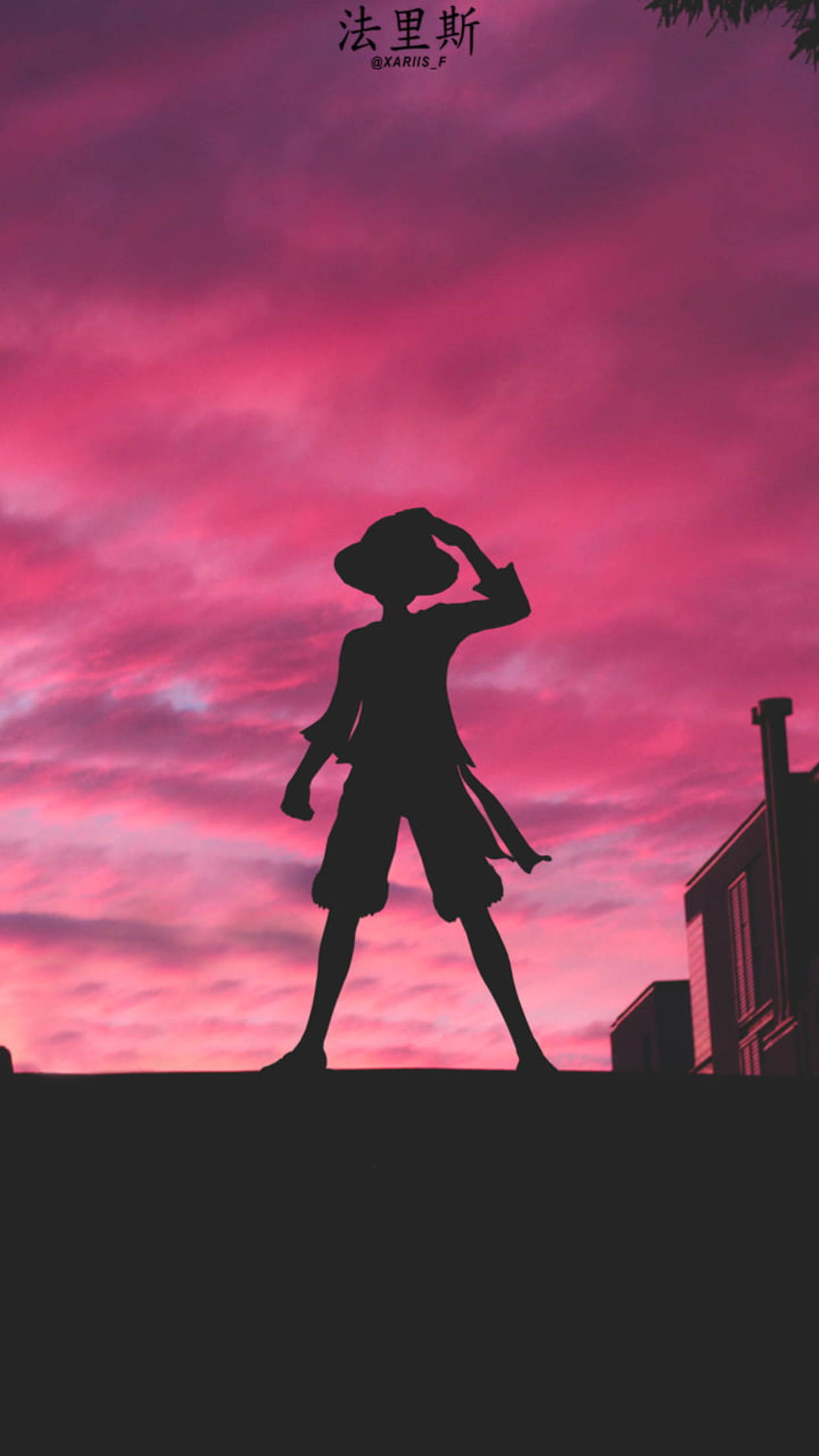 Luffy, silhouette, vibrant pink sunset sky, Full HD Phone Wallpaper