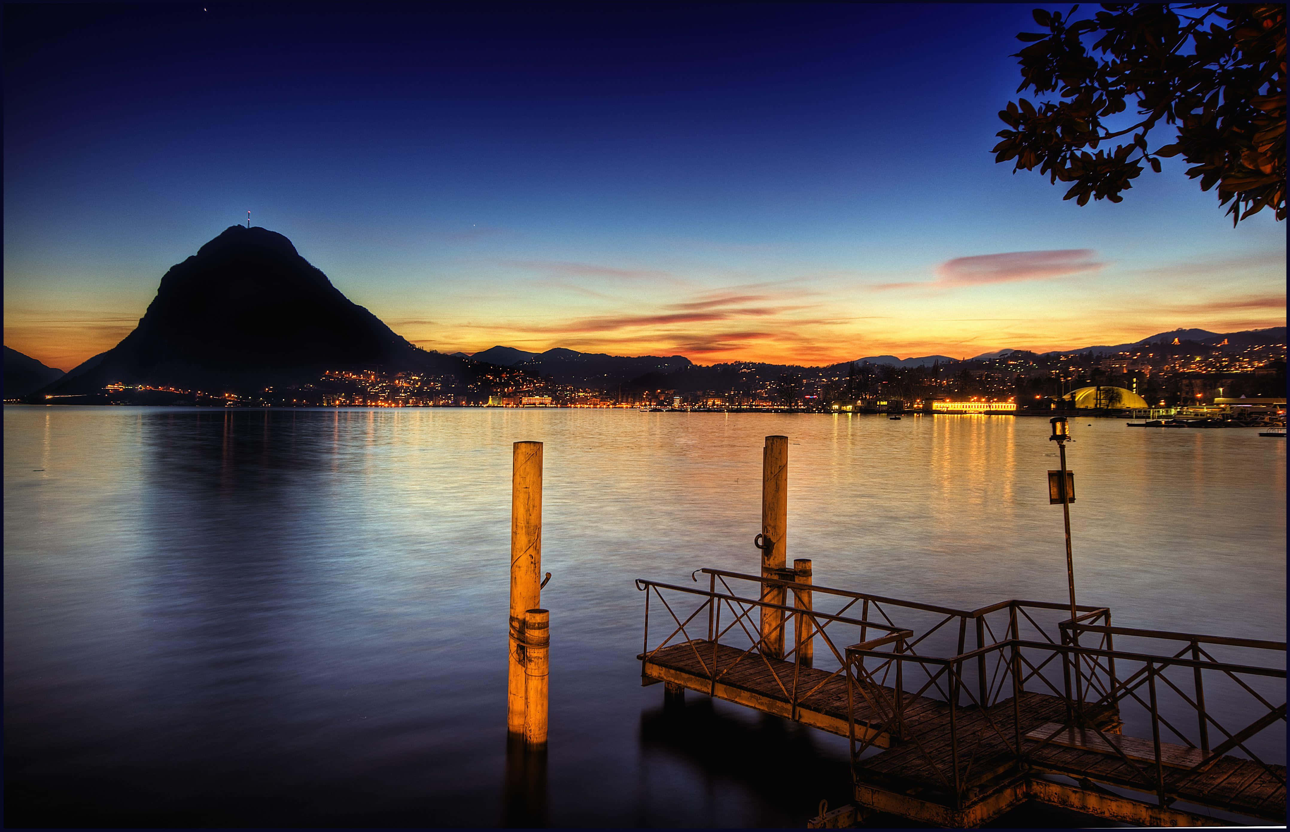Lugano, calm lake, dusk, 4K Desktop Wallpaper