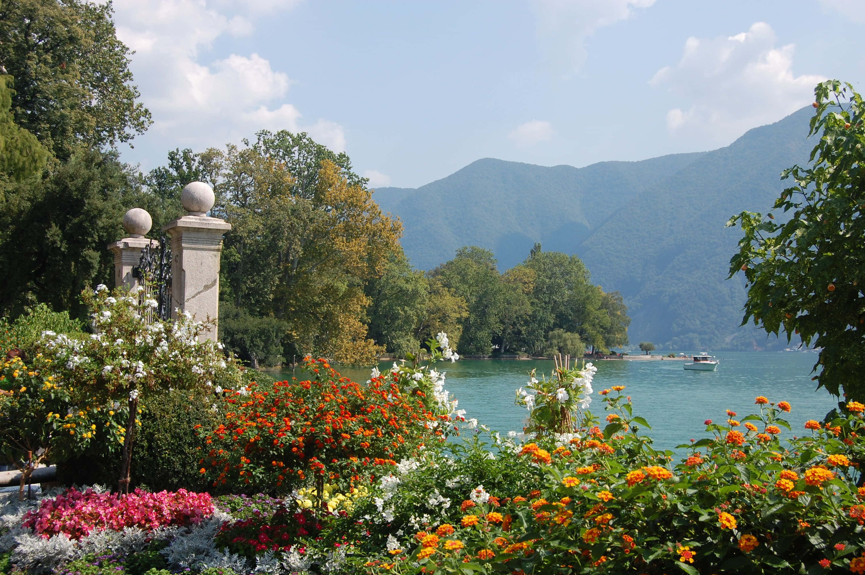 Lugano, lake, garden, 2K Desktop Wallpaper