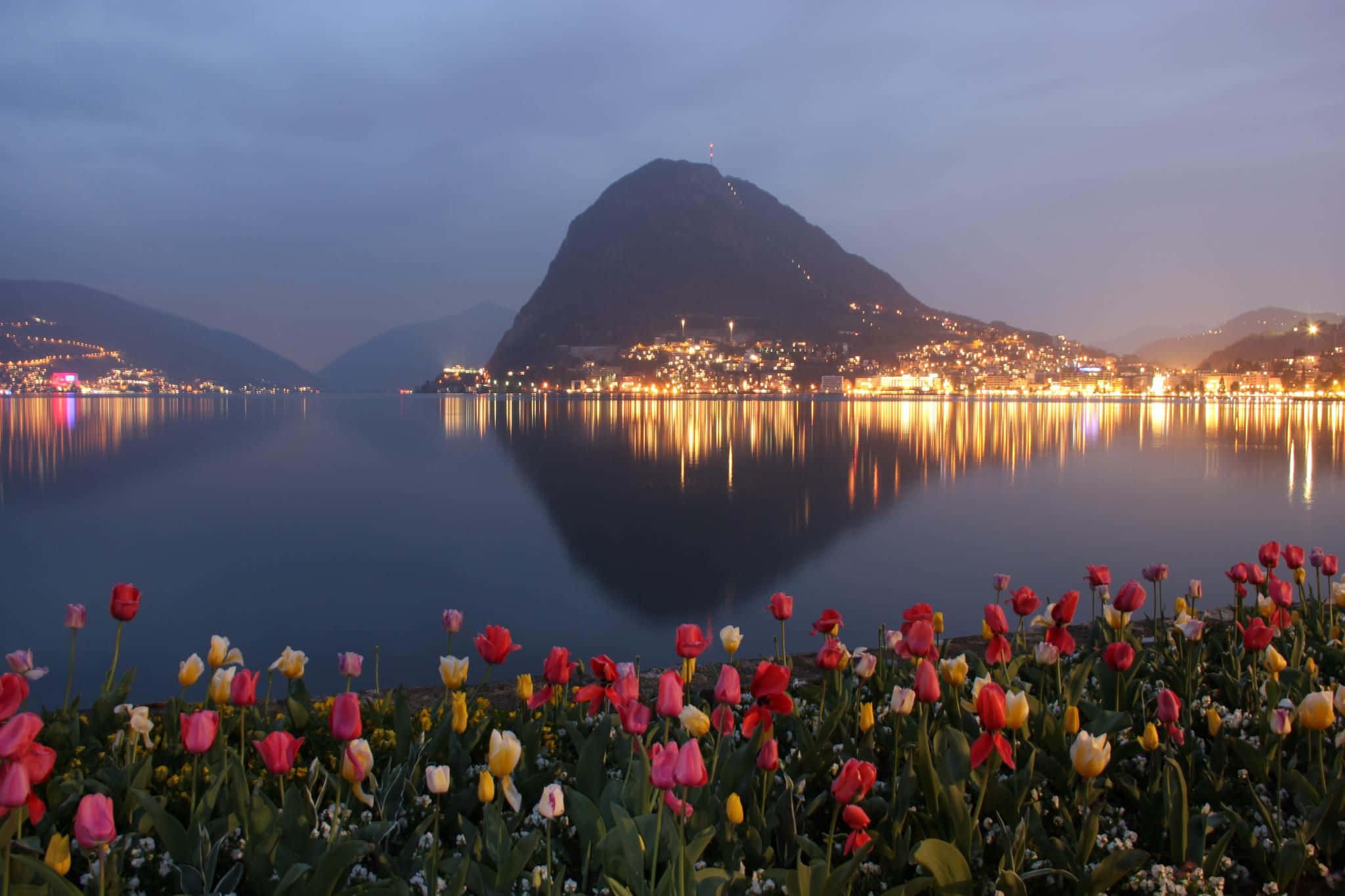 Lugano Lake, sunset, tulips, Full HD Desktop Wallpaper