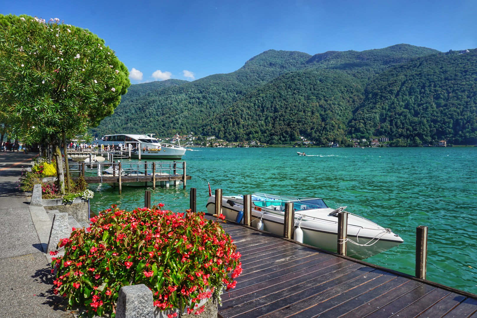 Lugano, lakefront scenery, wooden dock, HD Desktop Wallpaper