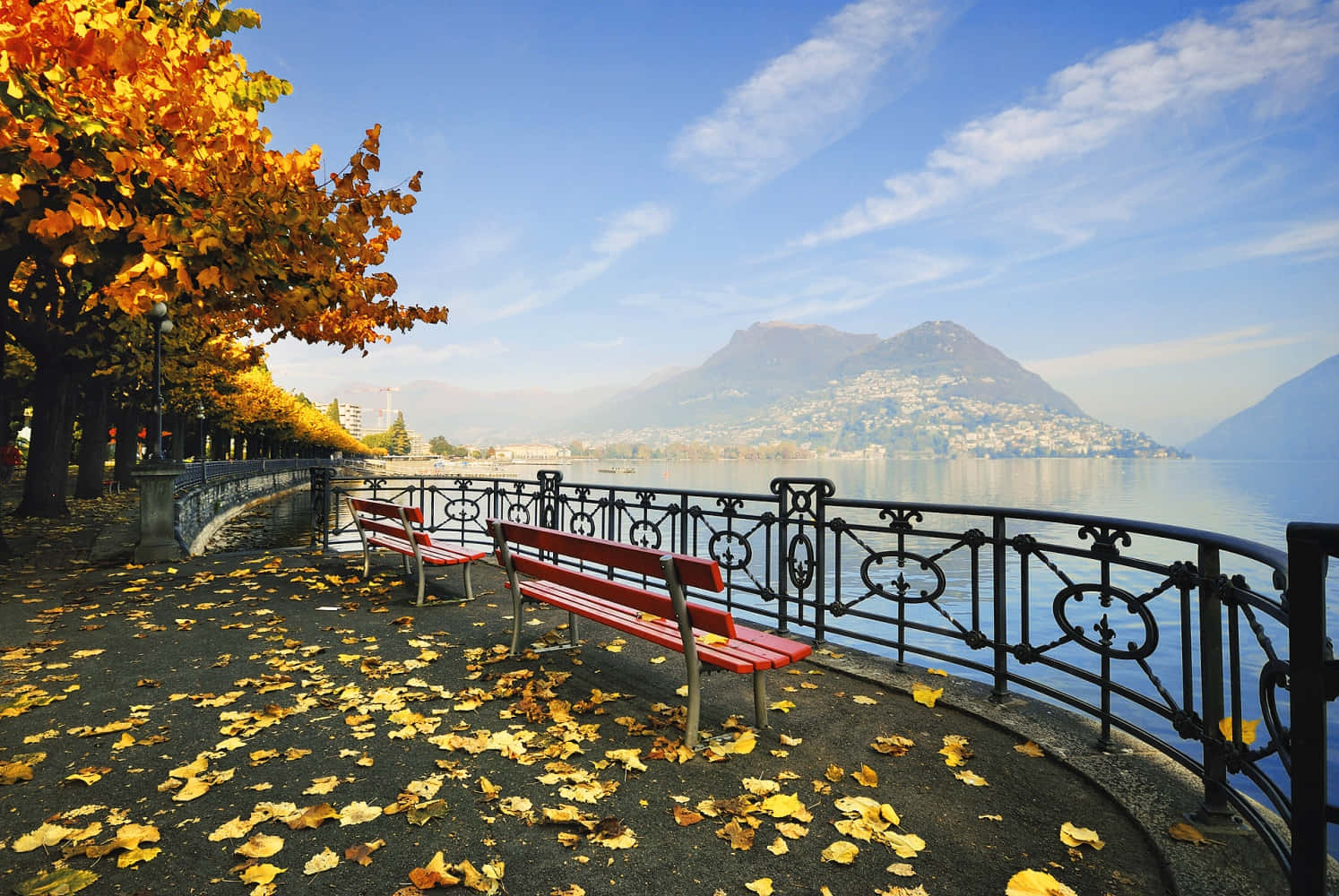 Lugano, lakeside path, golden autumn trees, HD Desktop Wallpaper