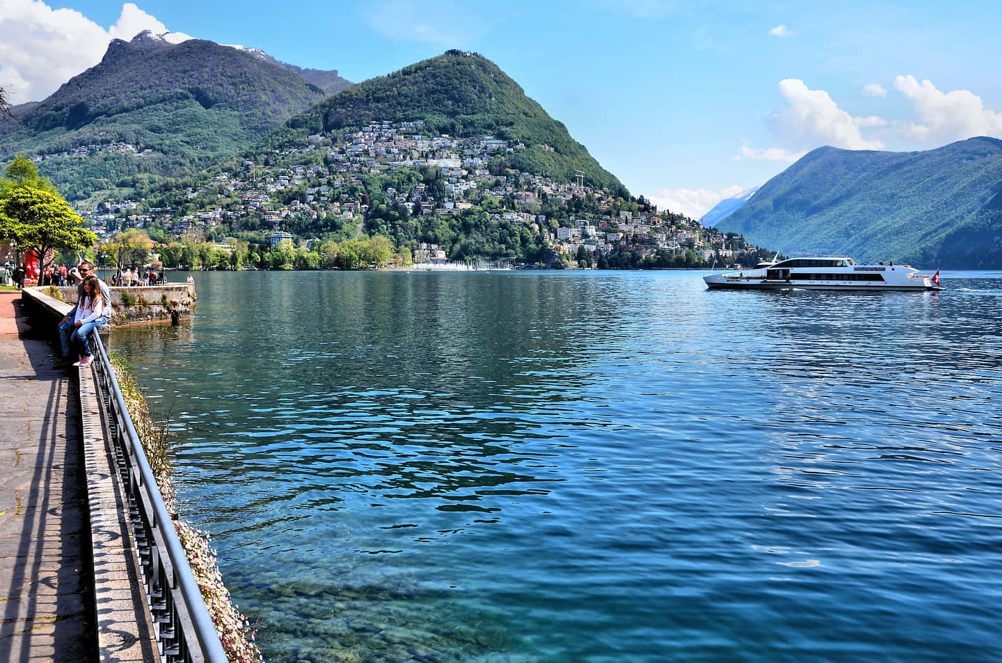 Lugano Lake, mountains, boat, HD Desktop Wallpaper